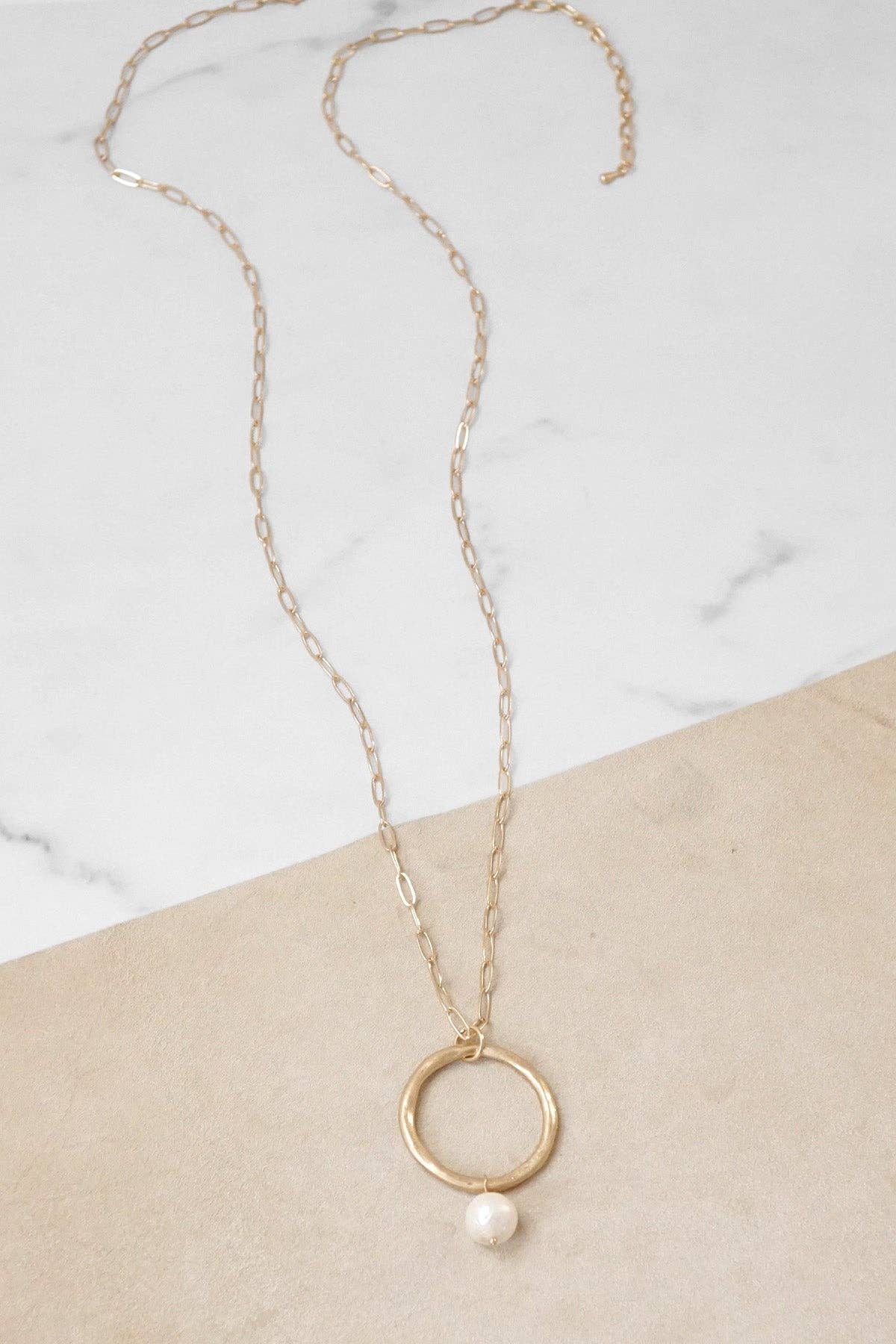 Long Boho Gold Necklace with Ring and Pearl