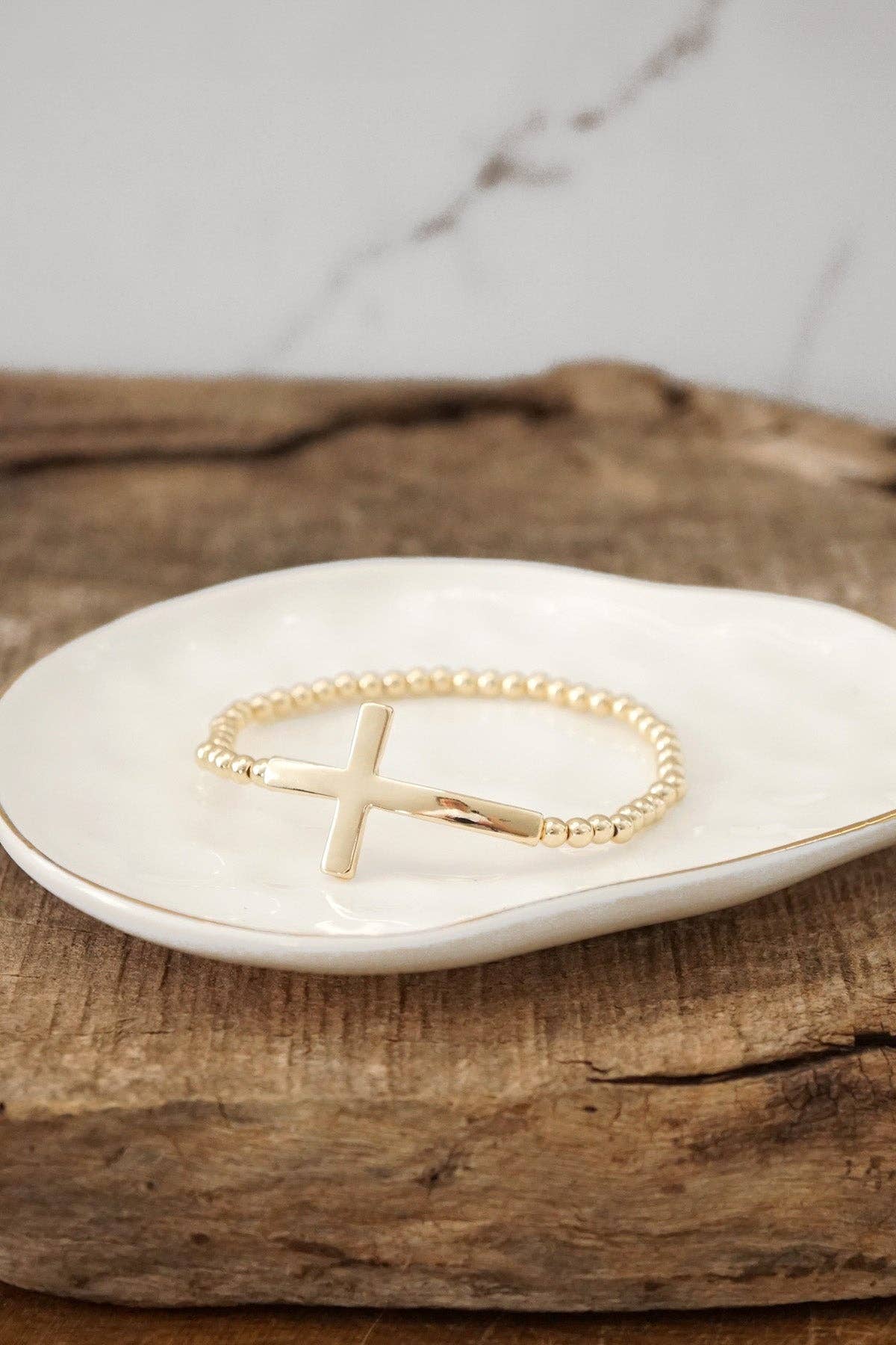 Minimal Cross Stretchy Bracelet in Gold Tone with Ball Beads