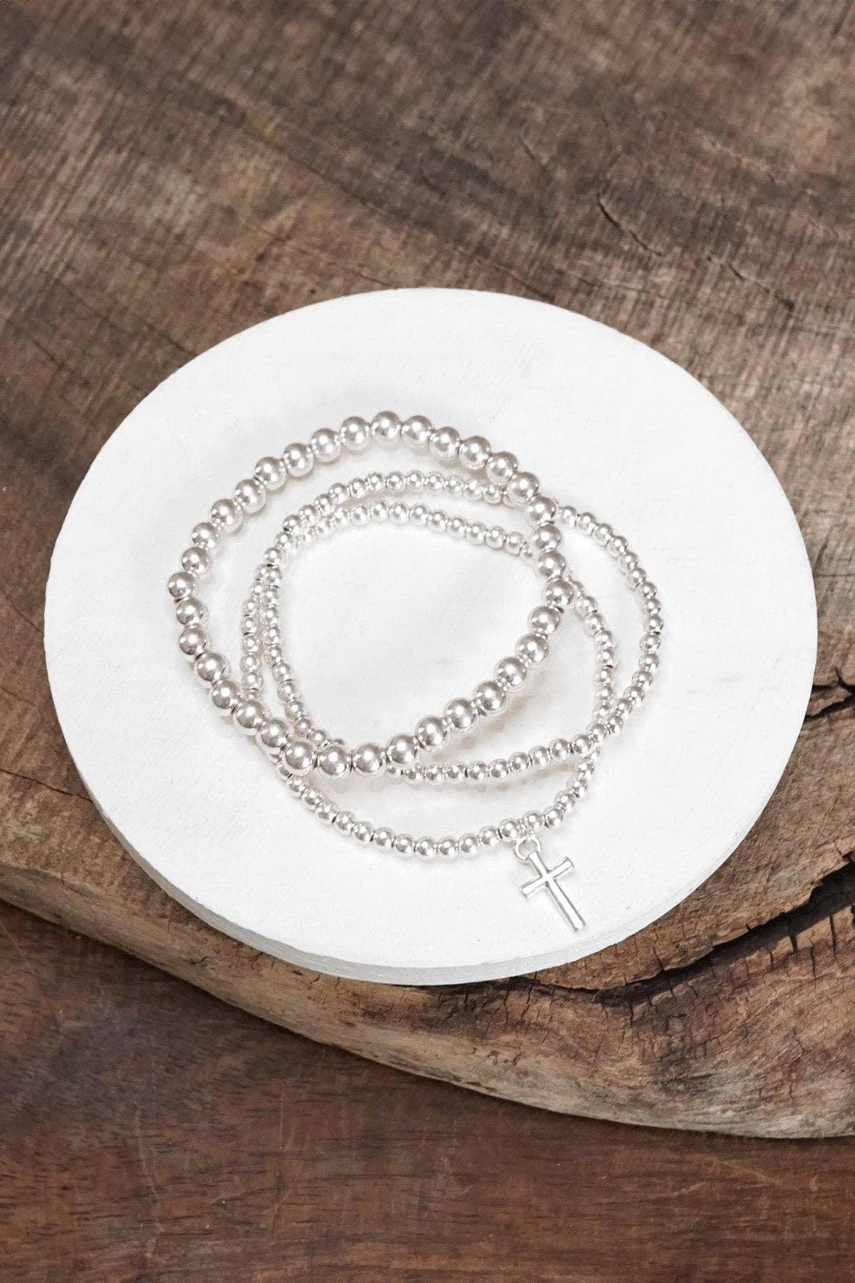Minimal Cross Charm Bracelet Set with Ball Beads- Shiny Silver