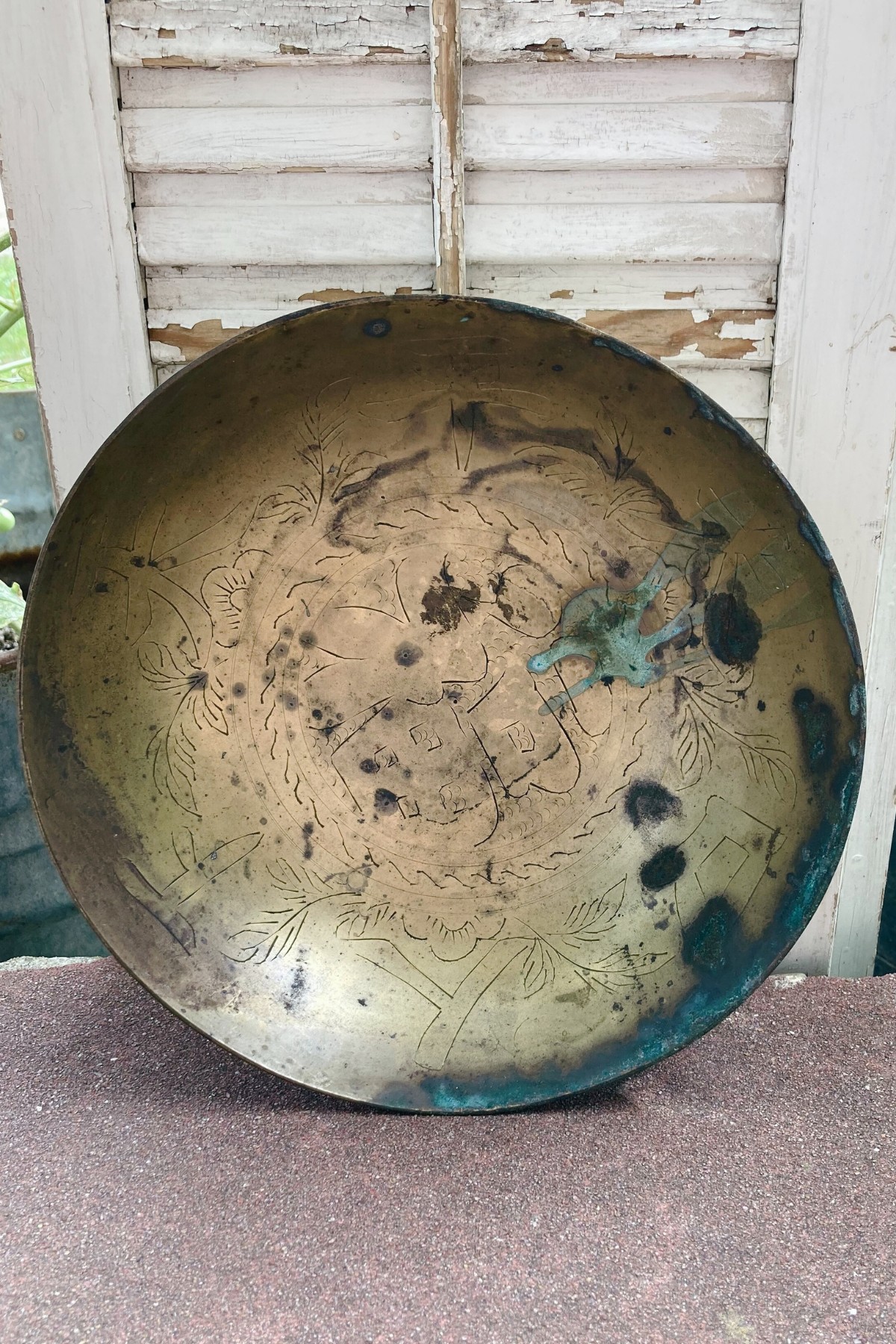 Antique Chinese Brass Etched Bowl