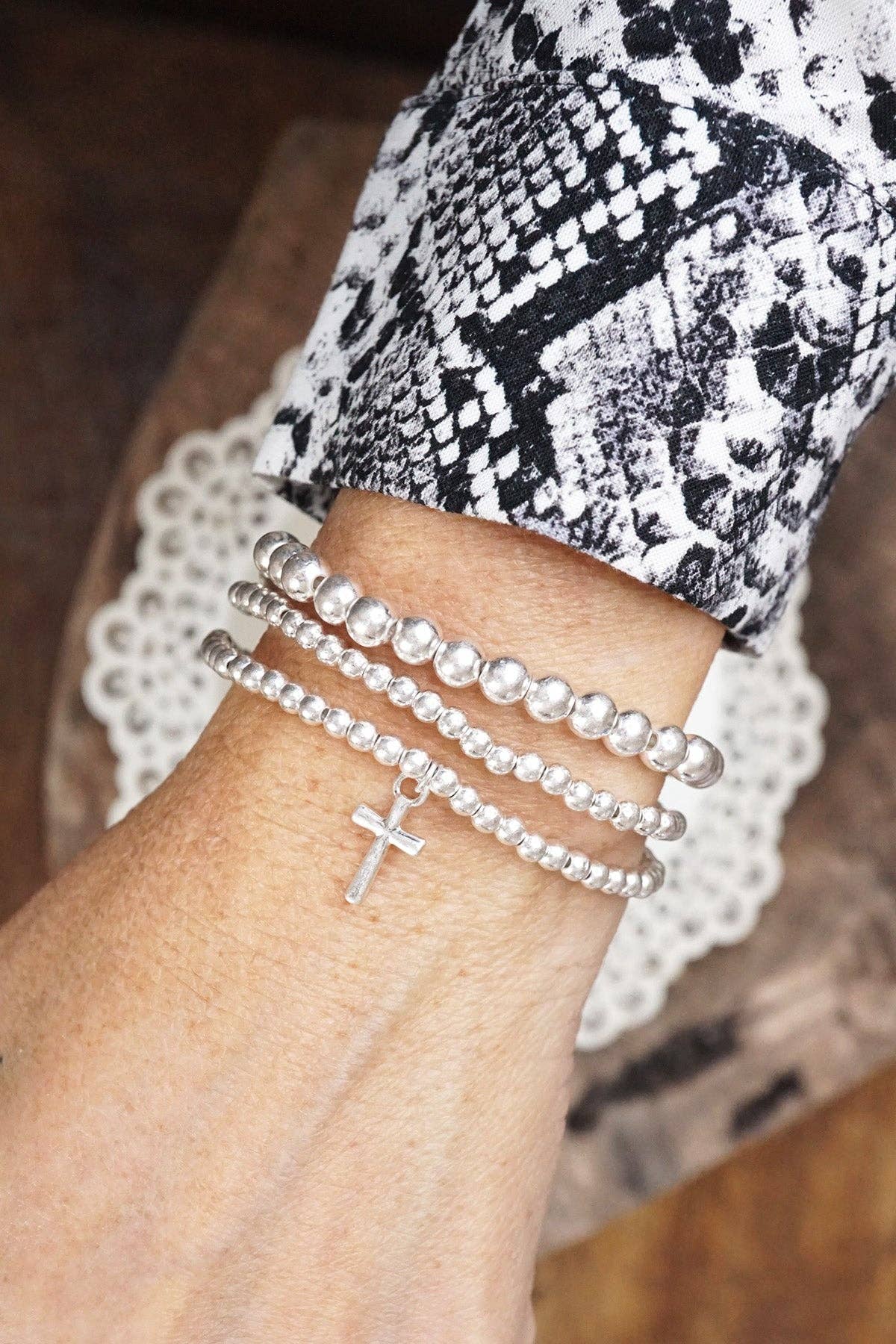 Minimal Cross Charm Bracelet Set with Ball Beads- Shiny Silver