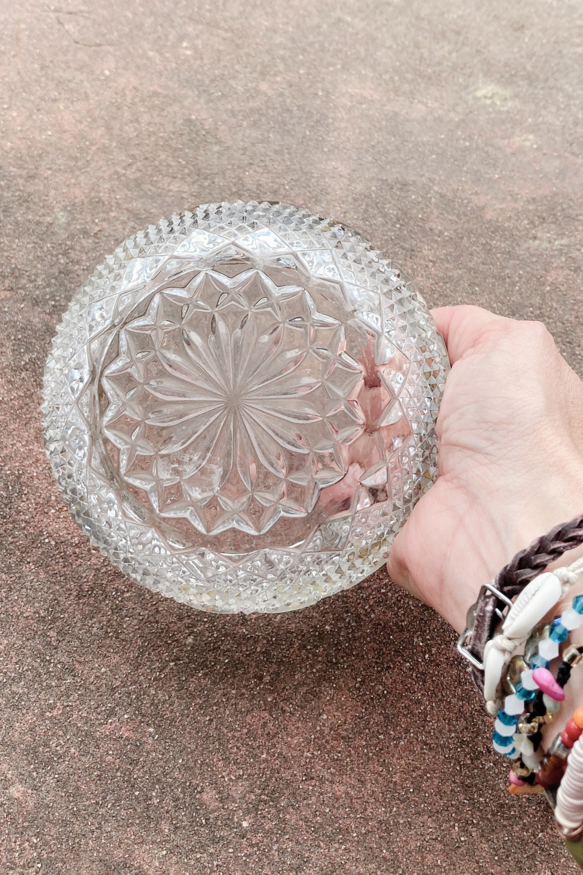 Vintage Heavy Cut Glass Bowl with Tarnished Silver Metal Rim
