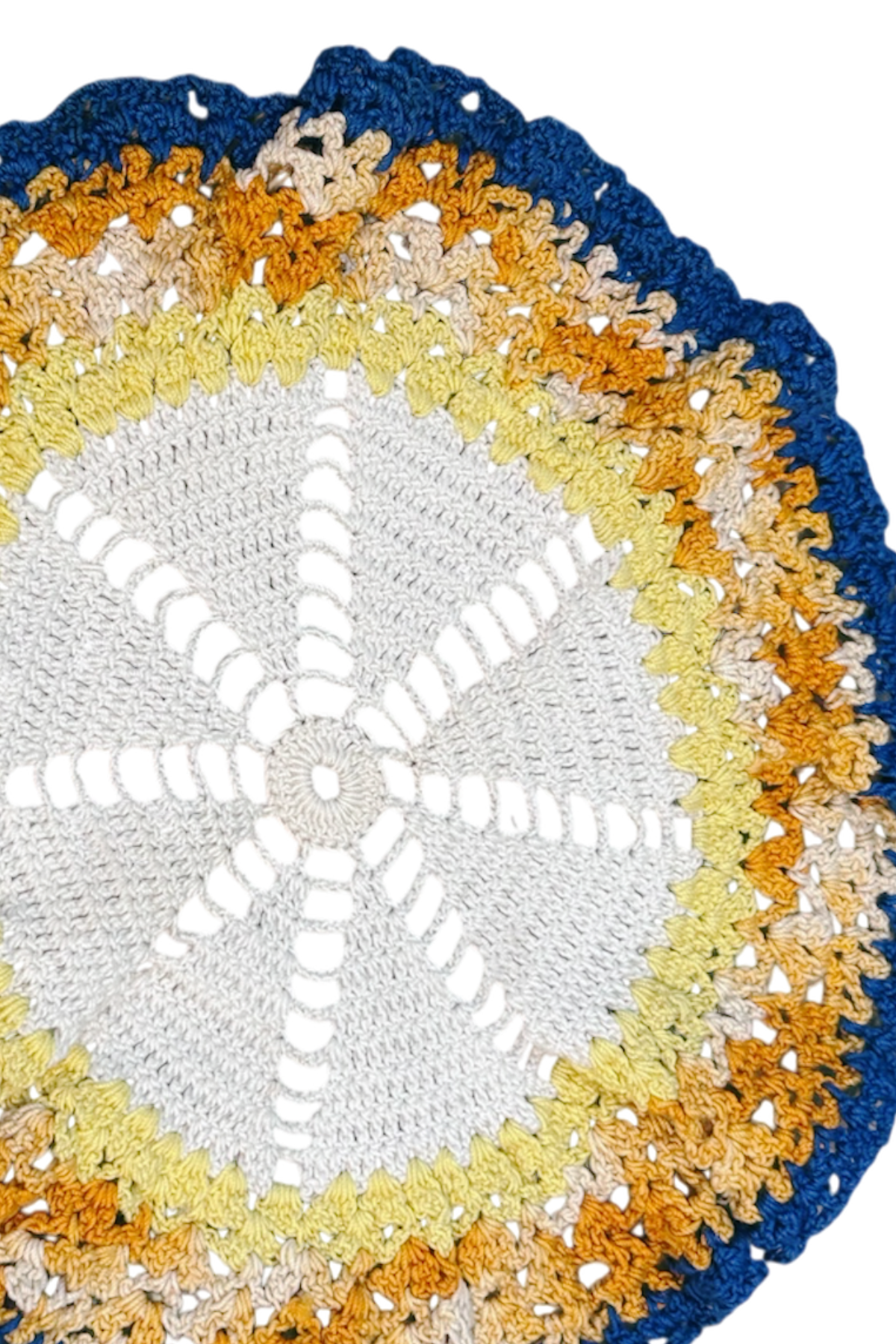 Vintage Handmade Blue, Yellow, & Orange Doily