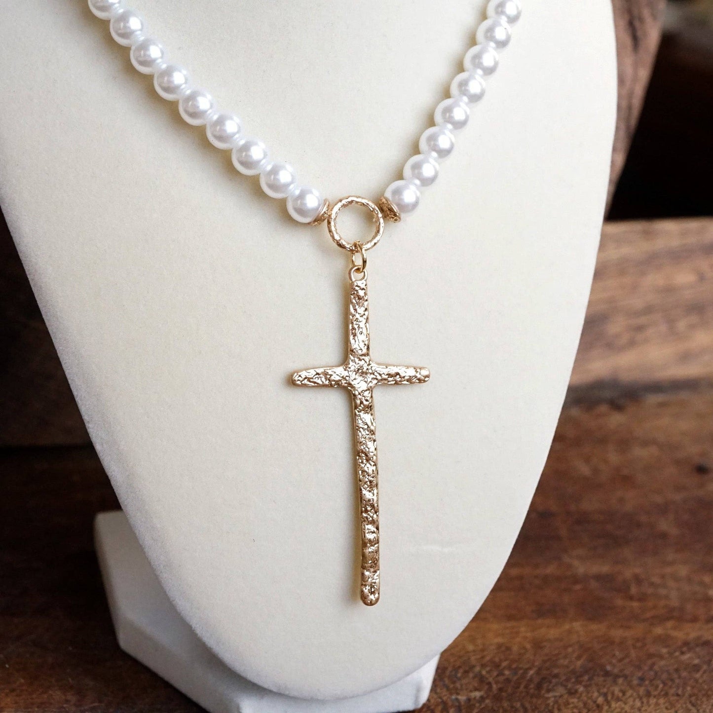 Primitive Gold Cross Necklace with Pearl Beads