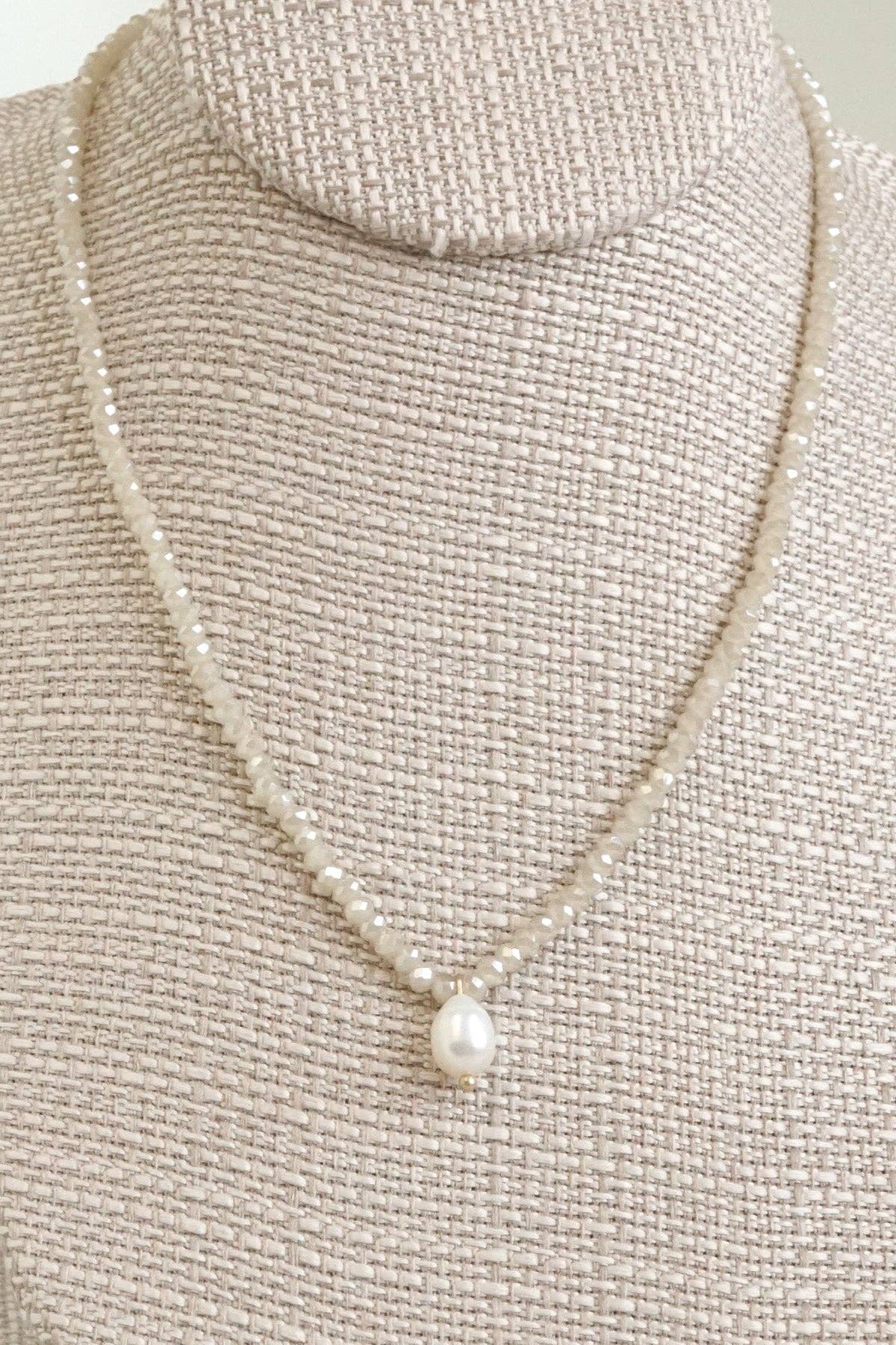 16" Glass Bead Necklace with Freshwater Pearl Pendant - Beige