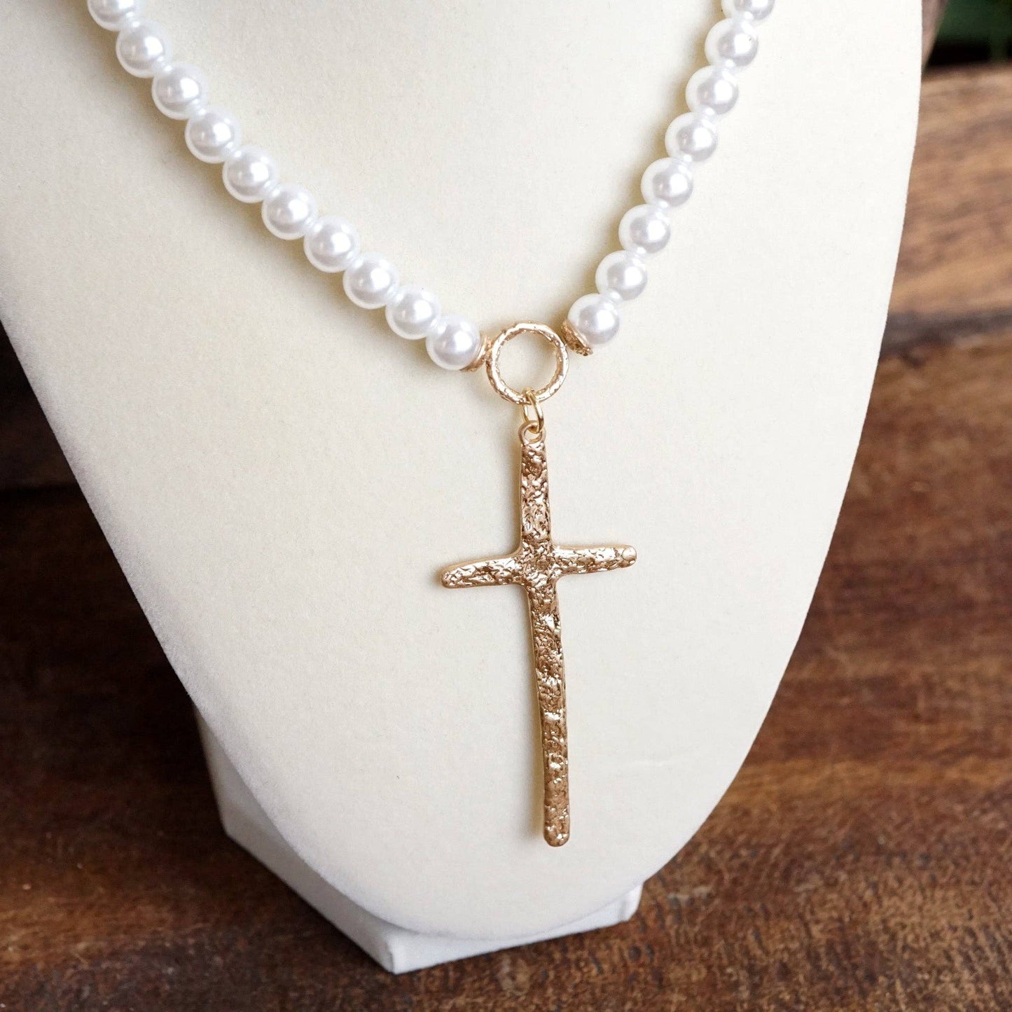 Primitive Gold Cross Necklace with Pearl Beads