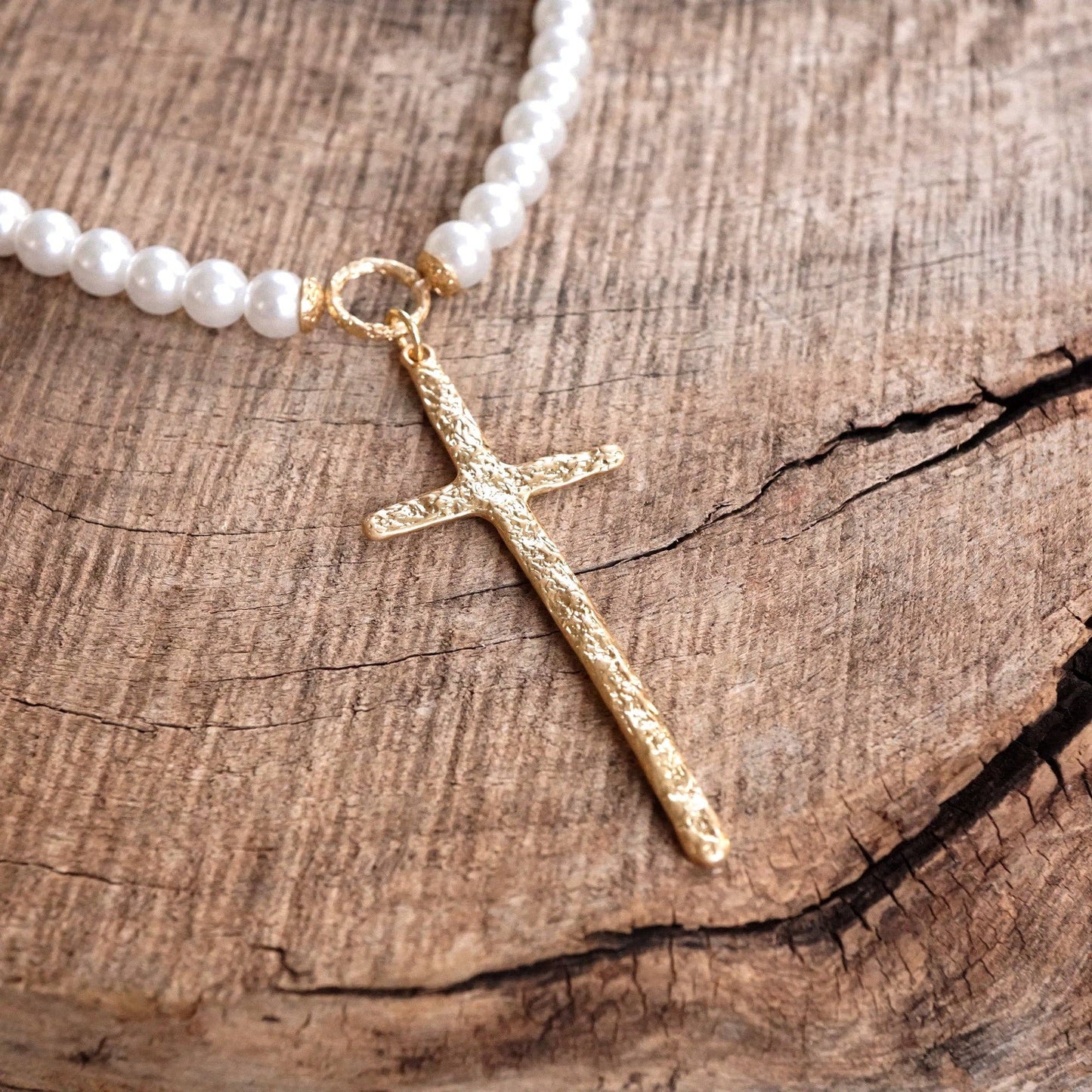 Primitive Gold Cross Necklace with Pearl Beads