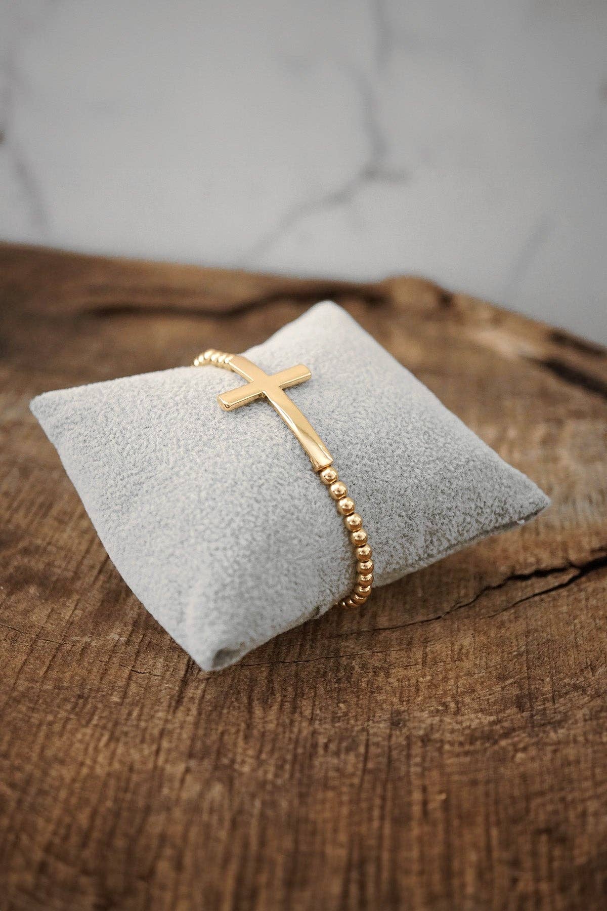 Minimal Cross Stretchy Bracelet in Gold Tone with Ball Beads