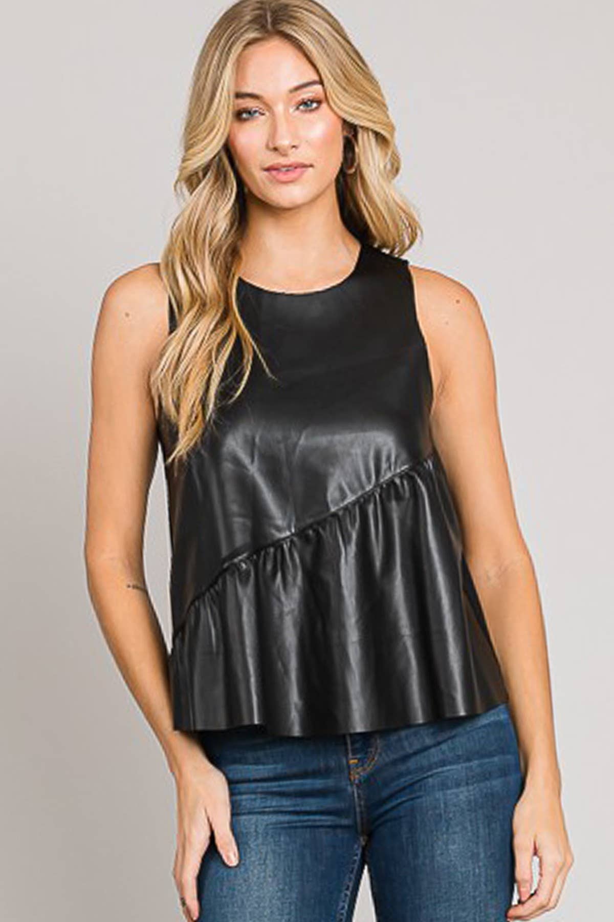 Sleeveless Asymmetric Ruffle Hem Vegan Leather Top