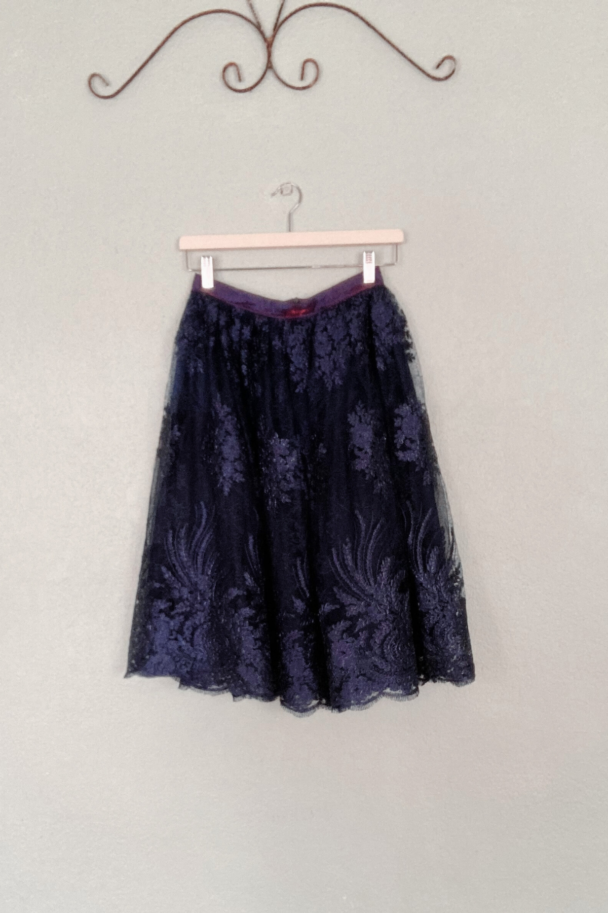 Navy Blue Floral Lace Midi Skirt