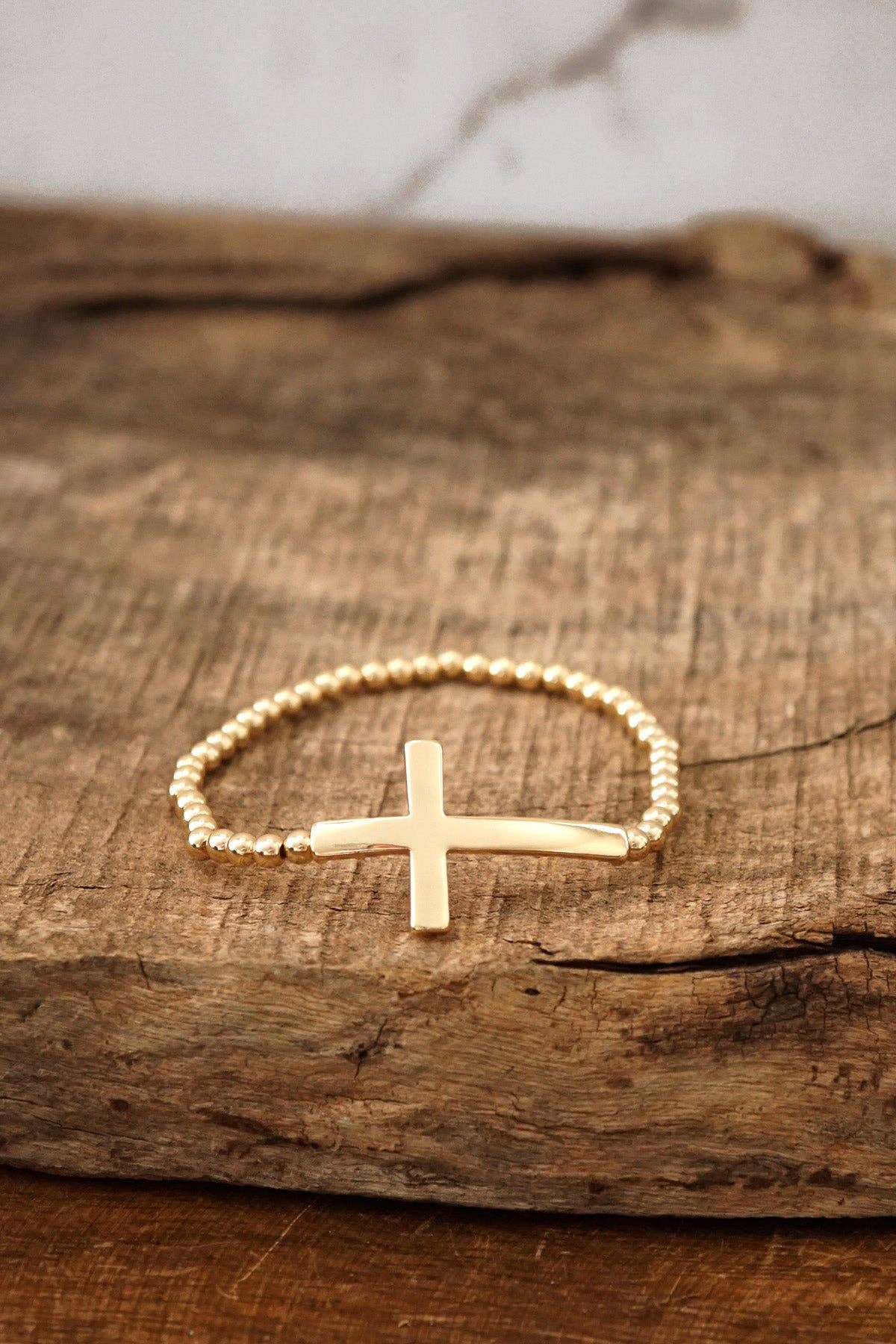 Minimal Cross Stretchy Bracelet in Gold Tone with Ball Beads