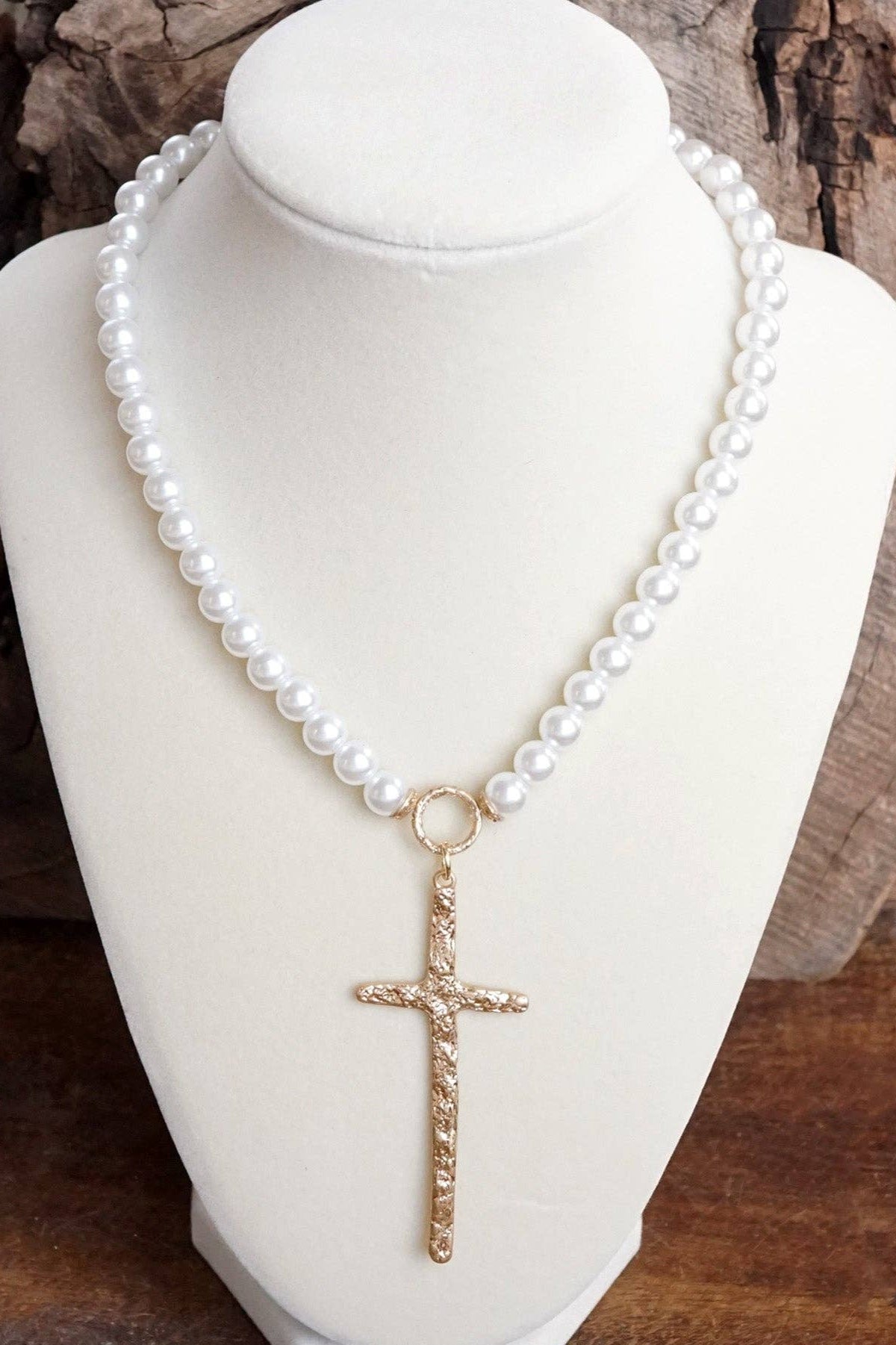 Primitive Gold Cross Necklace with Pearl Beads