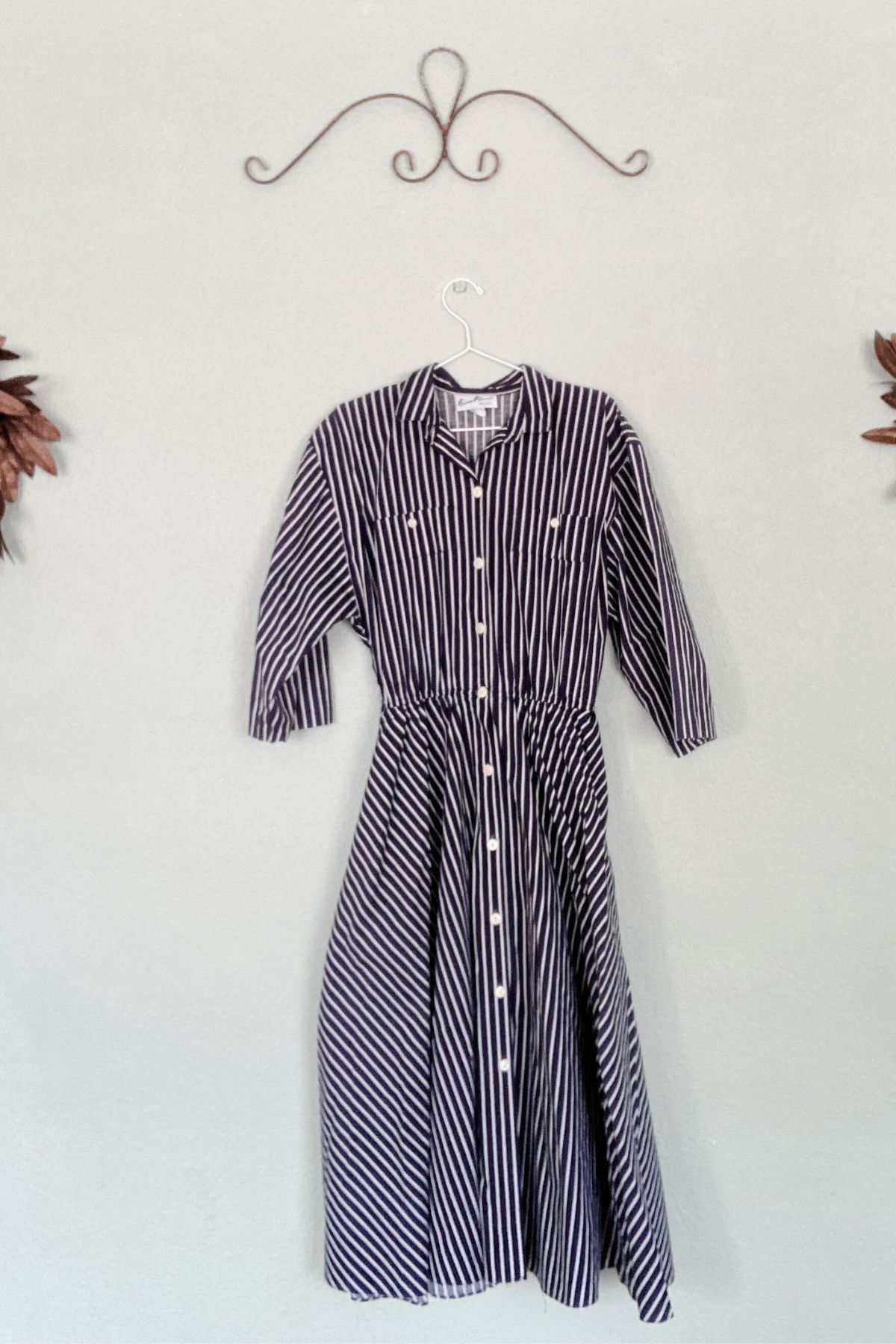Vintage Herman Marcus Navy Striped Cotton Dress - Size 13/14