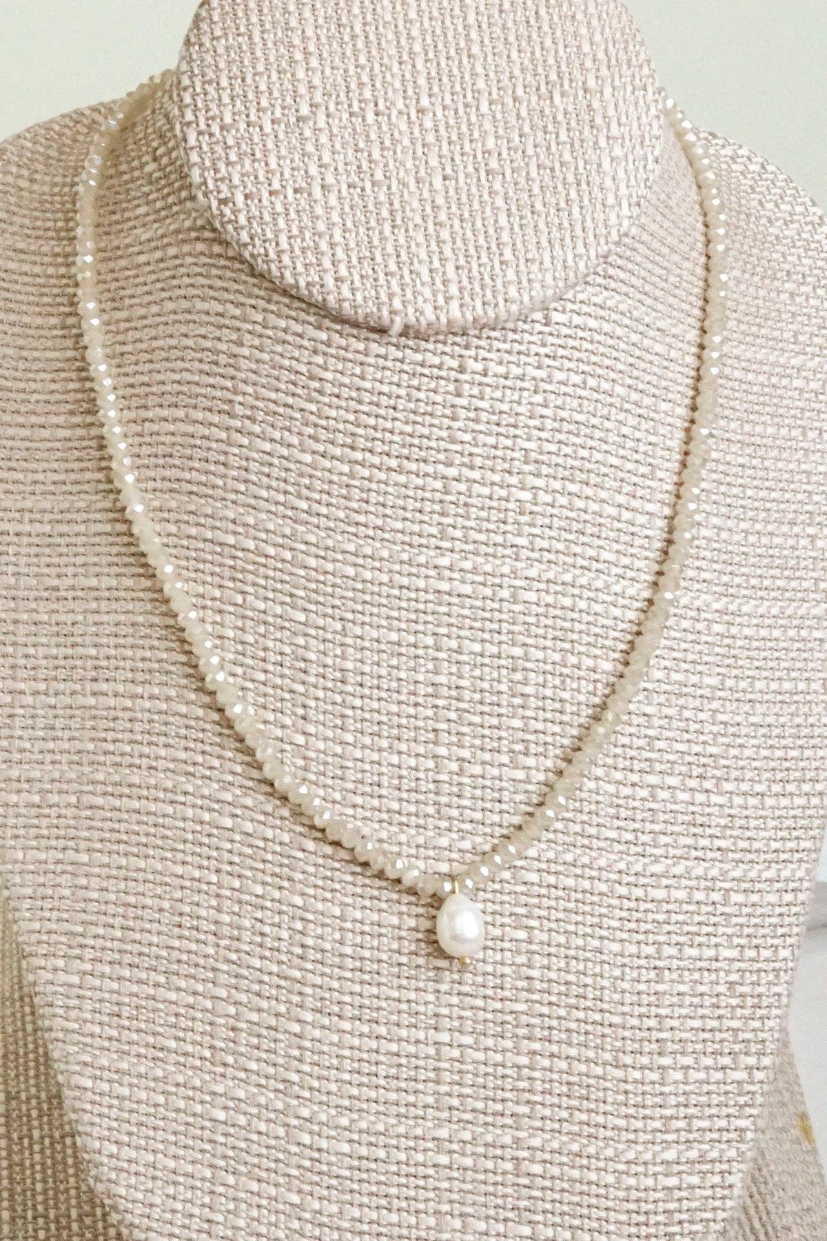 16" Glass Bead Necklace with Freshwater Pearl Pendant - Beige