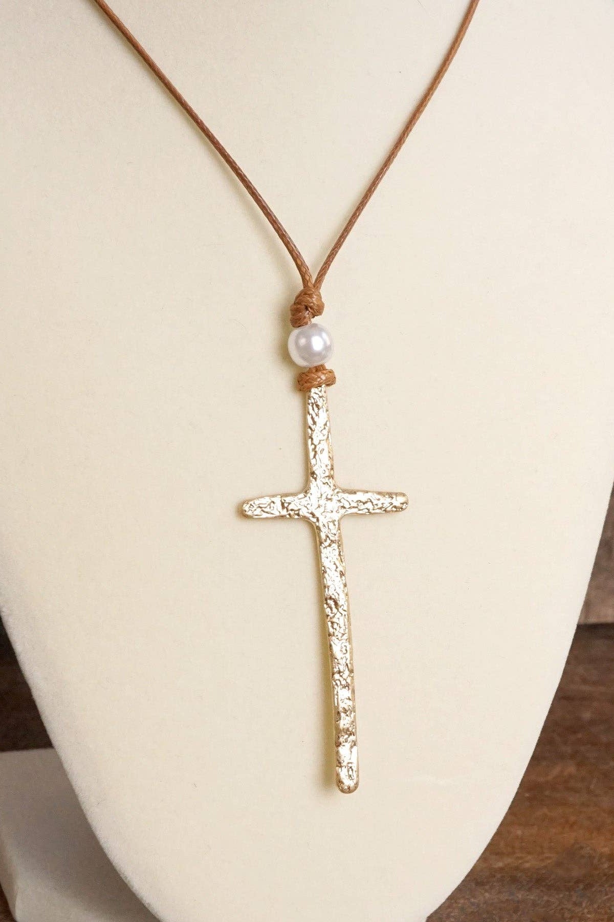 Primitive Gold Cross & Pearl Necklace with Brown Rope