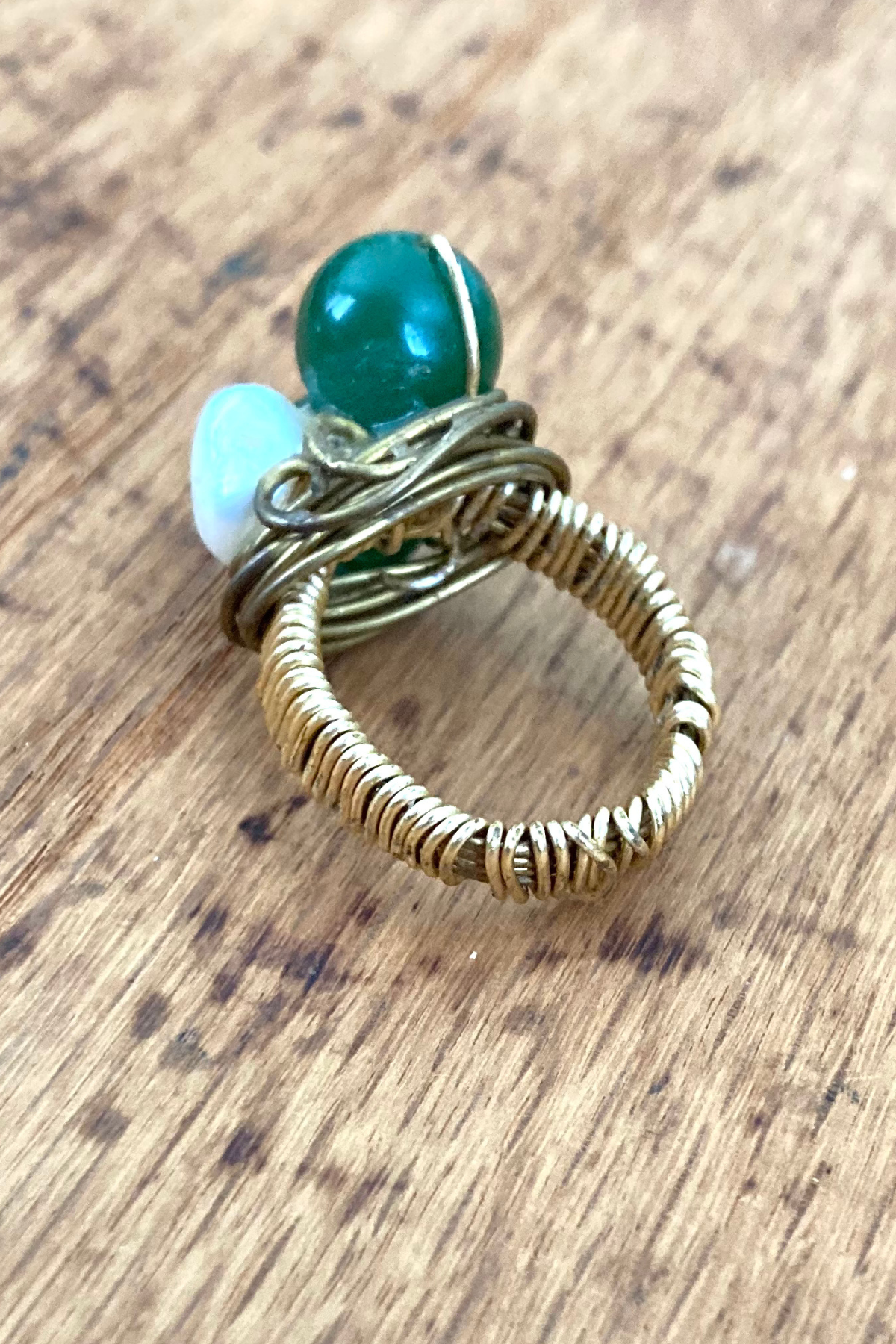 Vintage Green & Pearl Stone Gold Wire Wrapped Ring