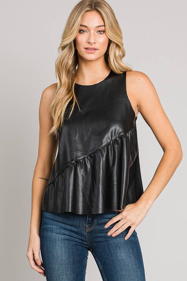Sleeveless Asymmetric Ruffle Hem Vegan Leather Top