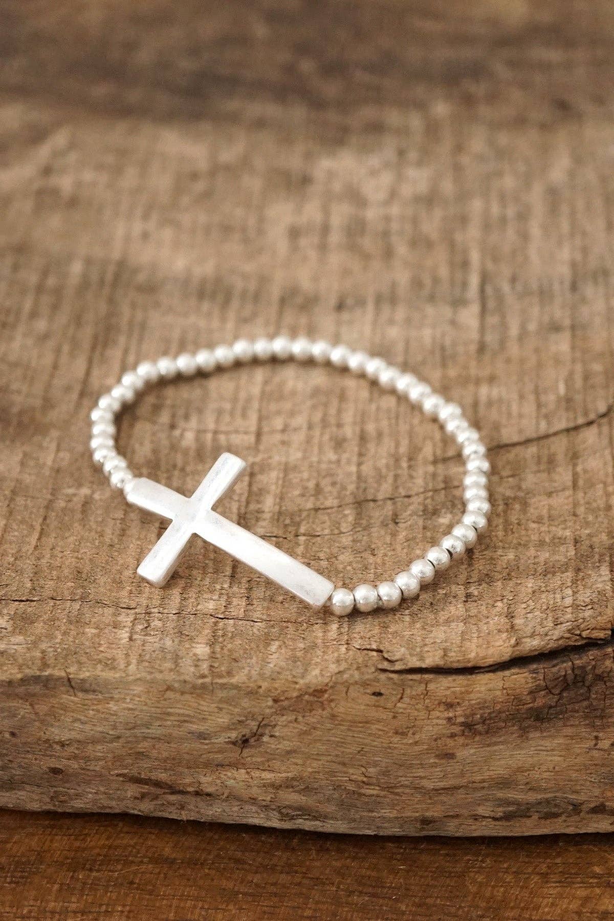 Minimal Cross Stretchy Bracelet in Worn Silver Tone with Ball Beads