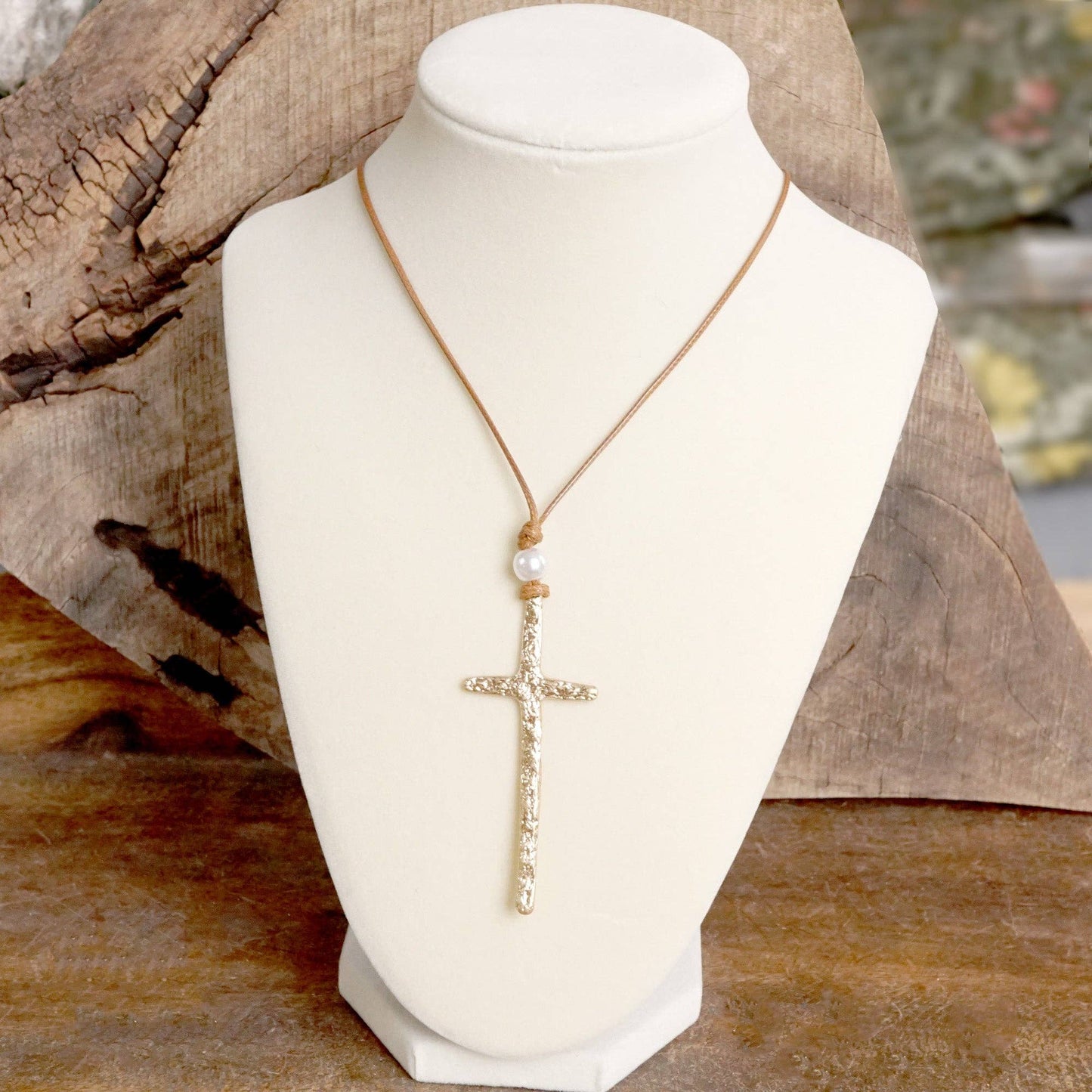 Primitive Gold Cross & Pearl Necklace with Brown Rope