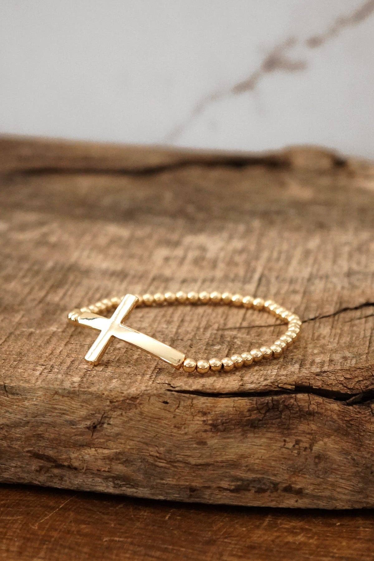 Minimal Cross Stretchy Bracelet in Gold Tone with Ball Beads