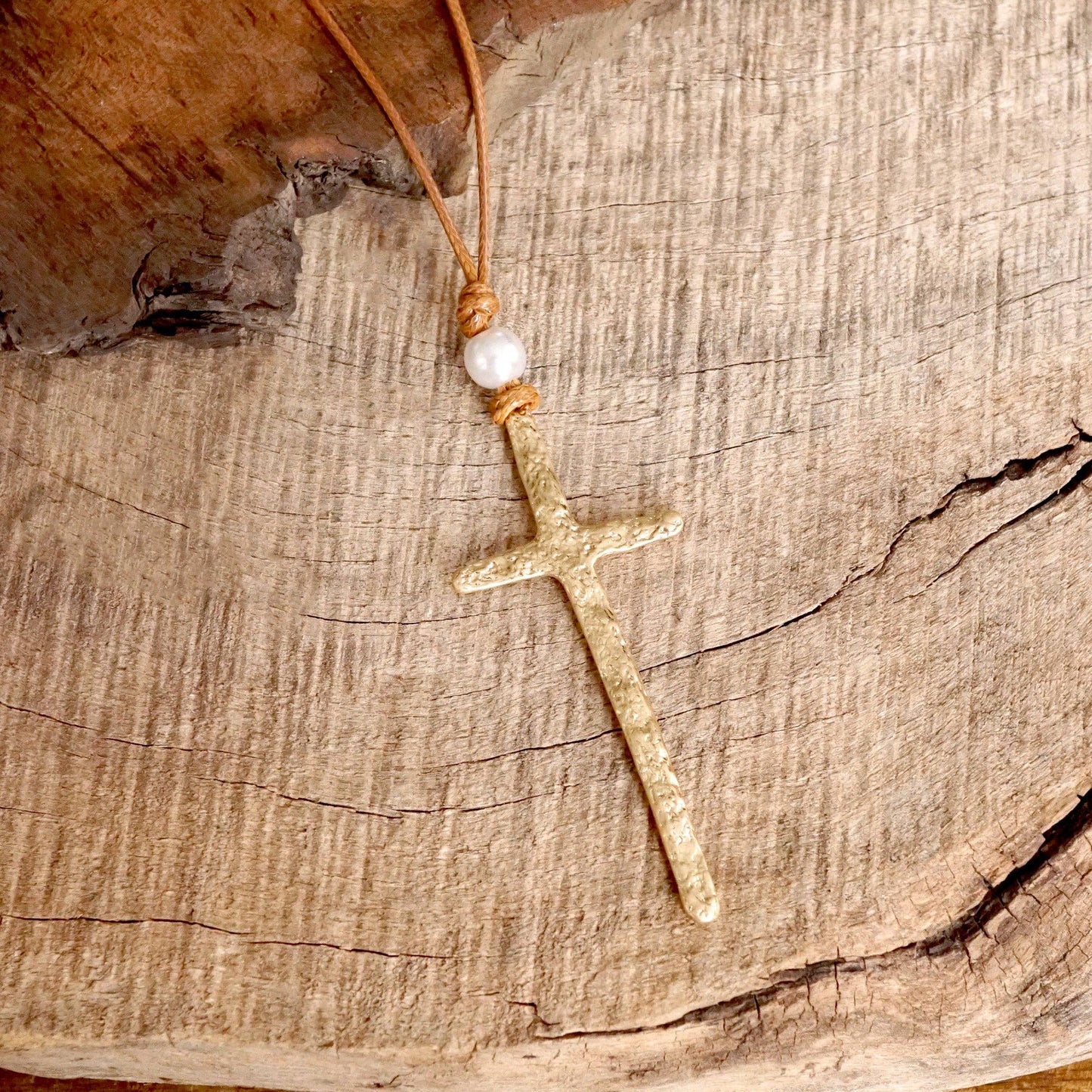 Primitive Gold Cross & Pearl Necklace with Brown Rope