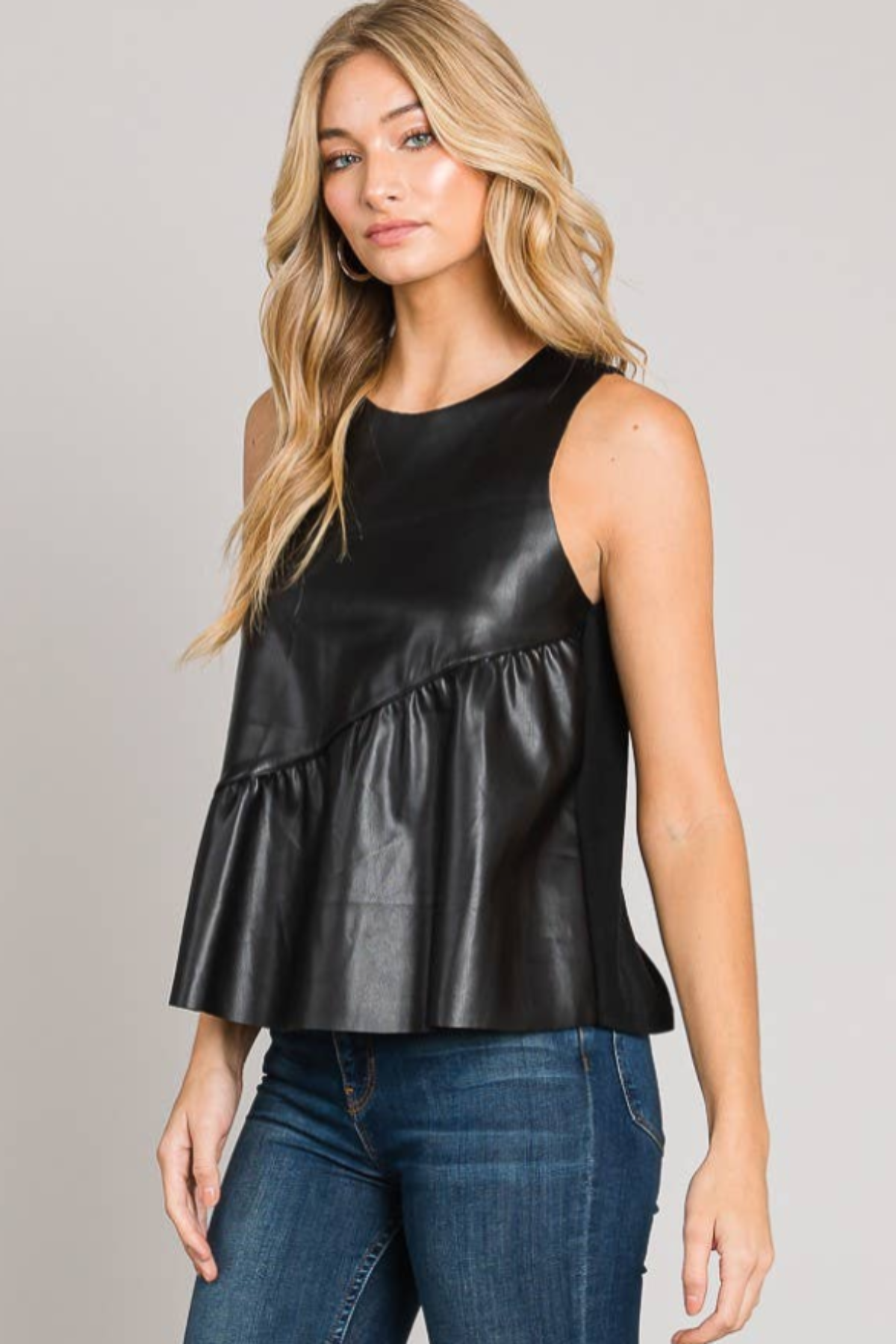 Sleeveless Asymmetric Ruffle Hem Vegan Leather Top