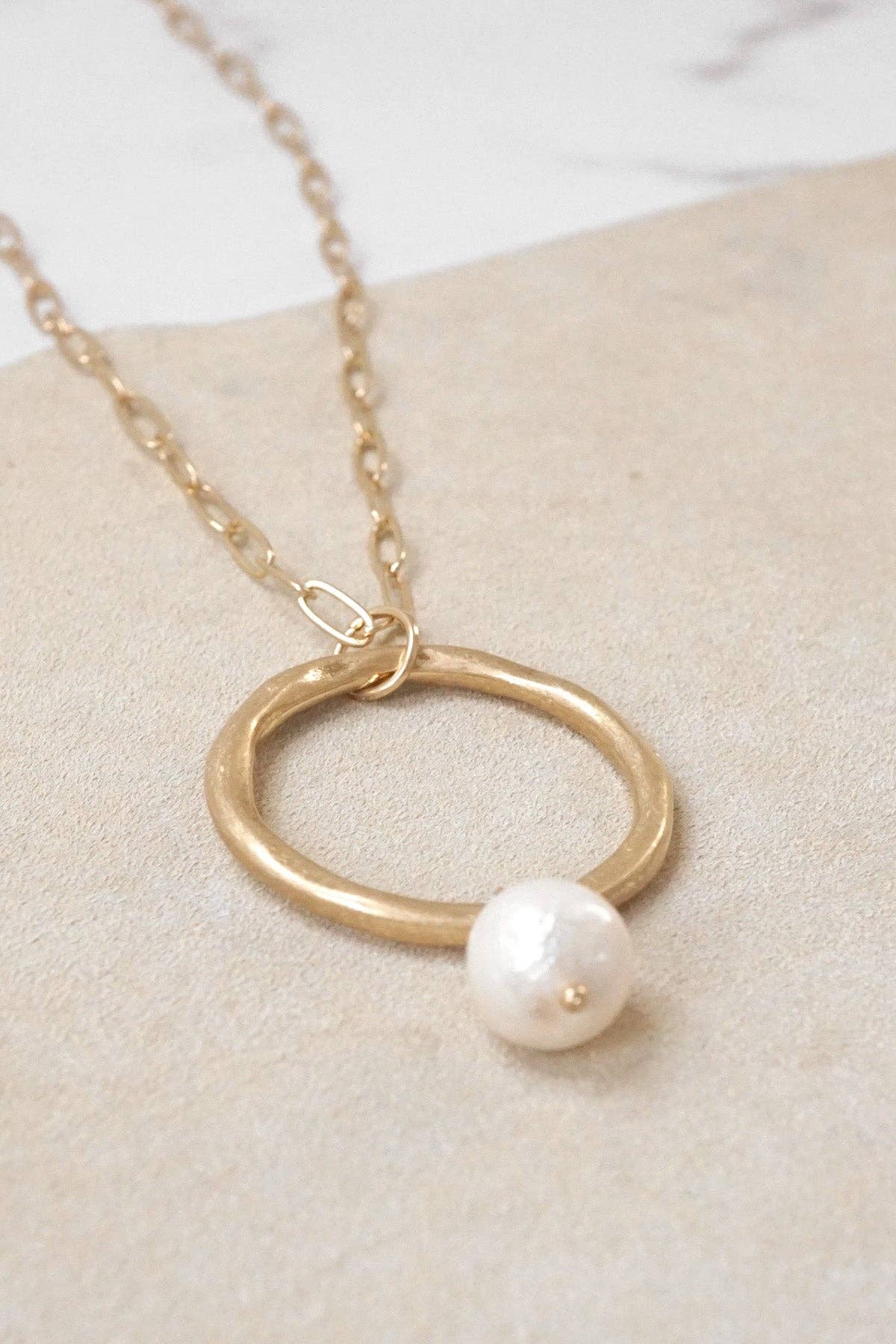 Long Boho Gold Necklace with Ring and Pearl