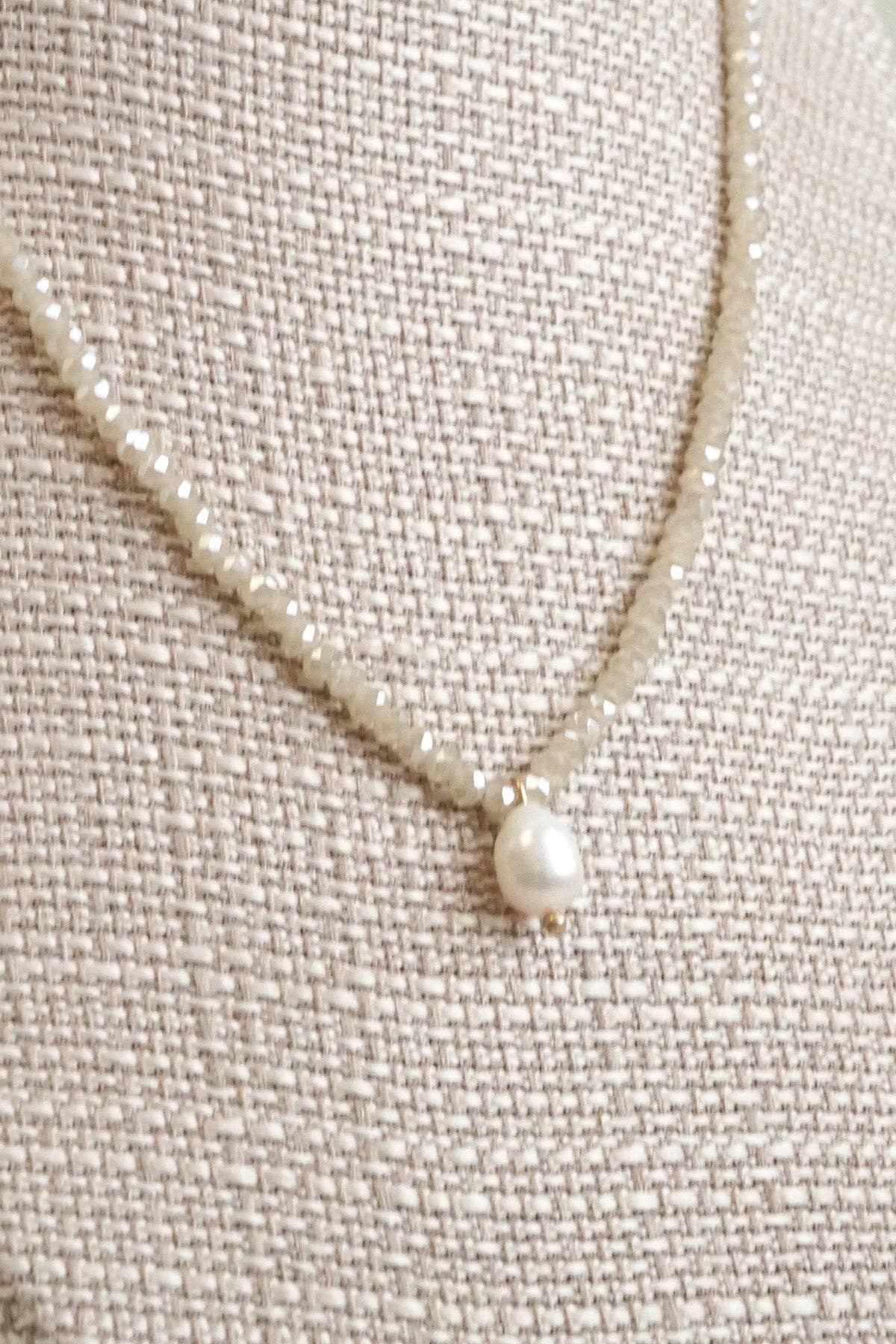 16" Glass Bead Necklace with Freshwater Pearl Pendant - Beige