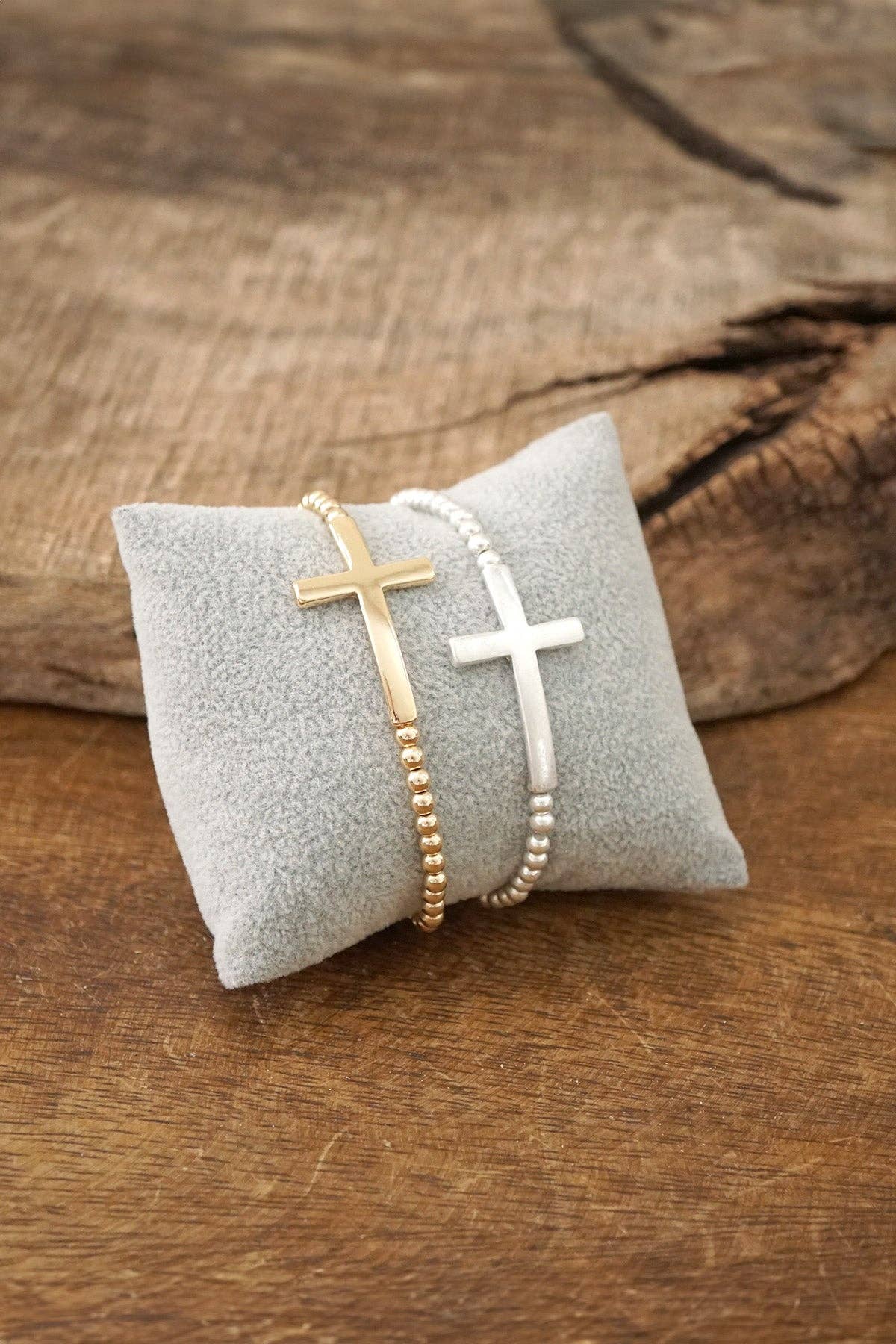 Minimal Cross Stretchy Bracelet in Worn Silver Tone with Ball Beads