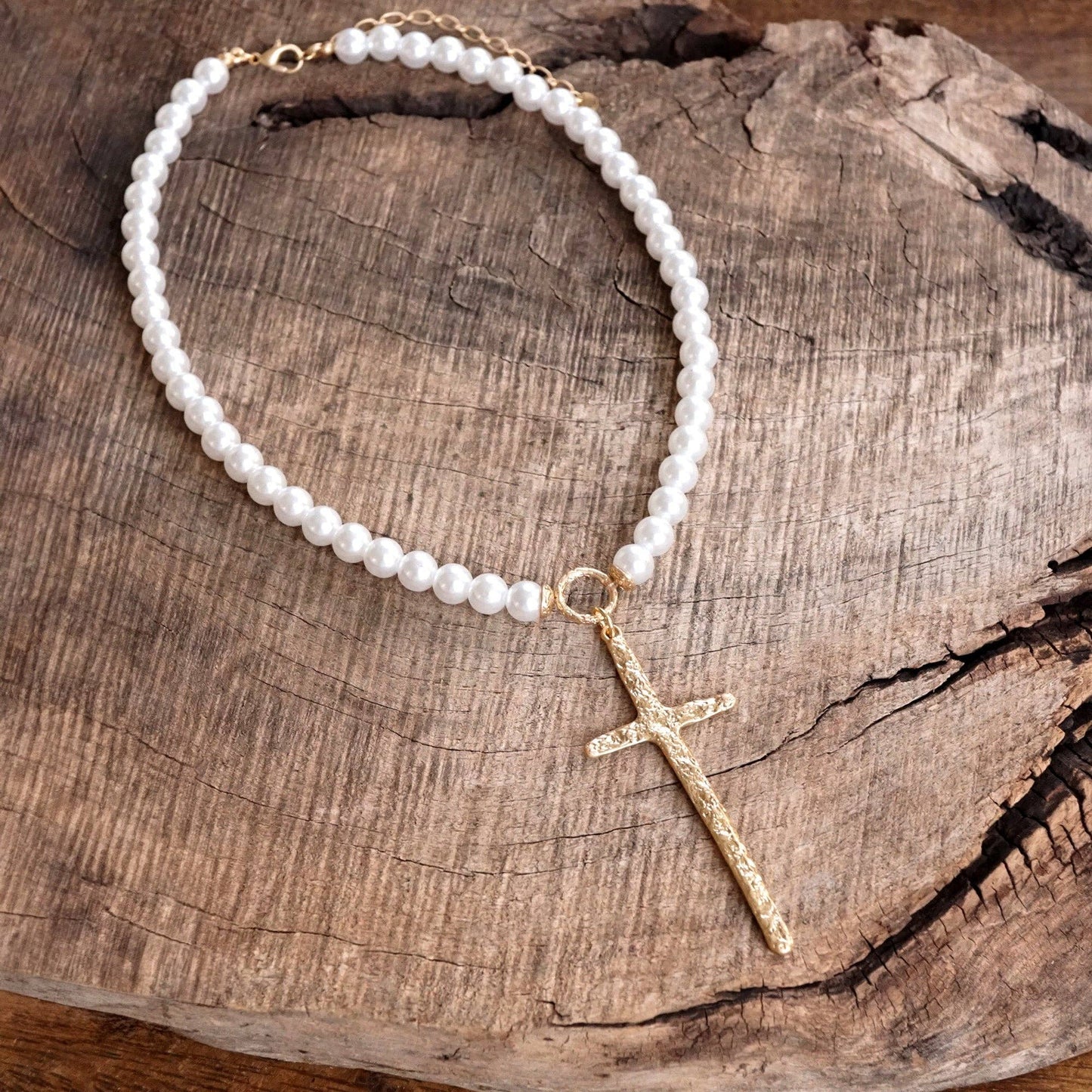 Primitive Gold Cross Necklace with Pearl Beads