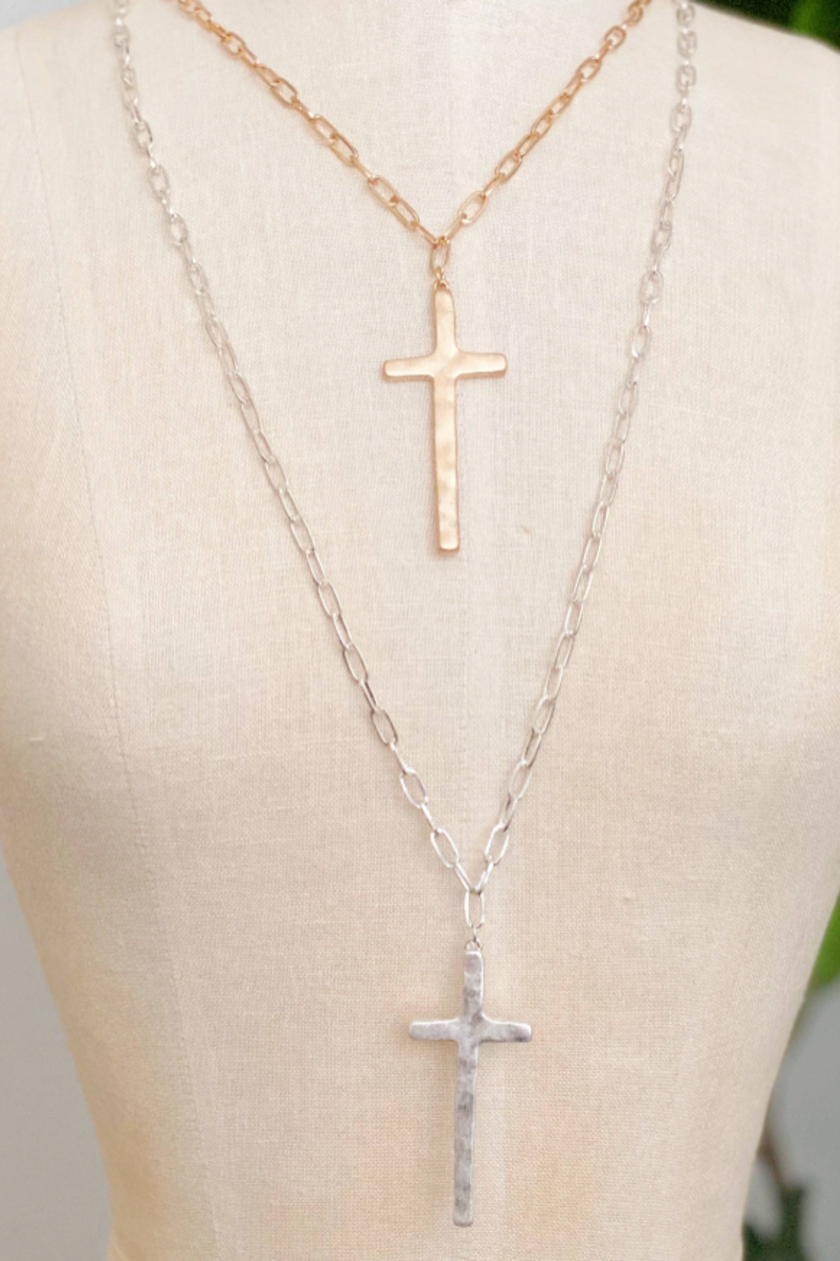 Hammered Cross Long Chain Necklace