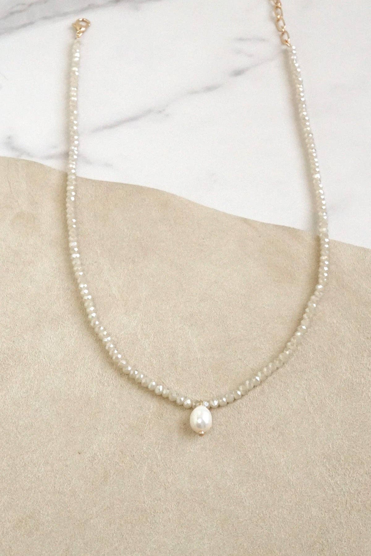 16" Glass Bead Necklace with Freshwater Pearl Pendant - Beige