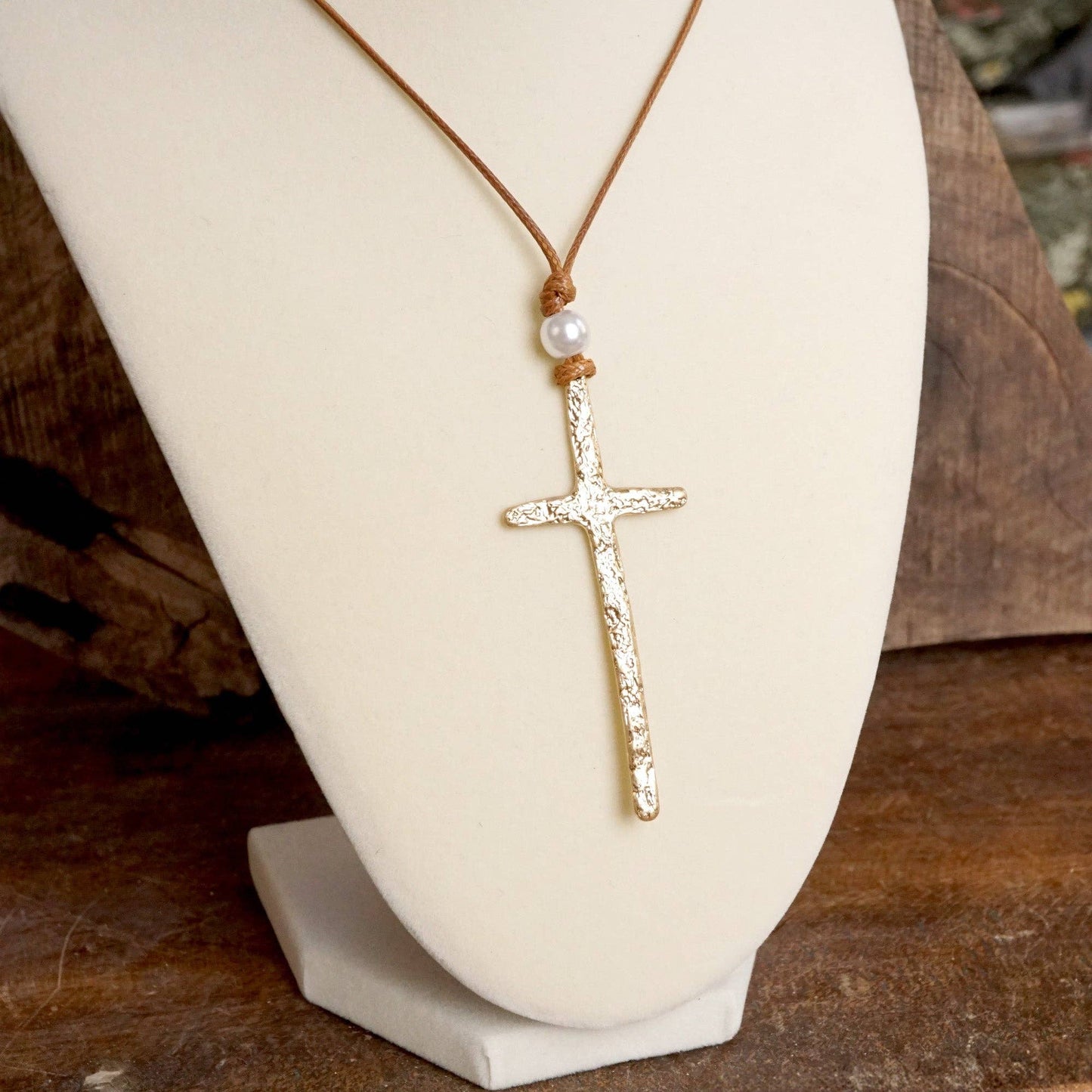 Primitive Gold Cross & Pearl Necklace with Brown Rope