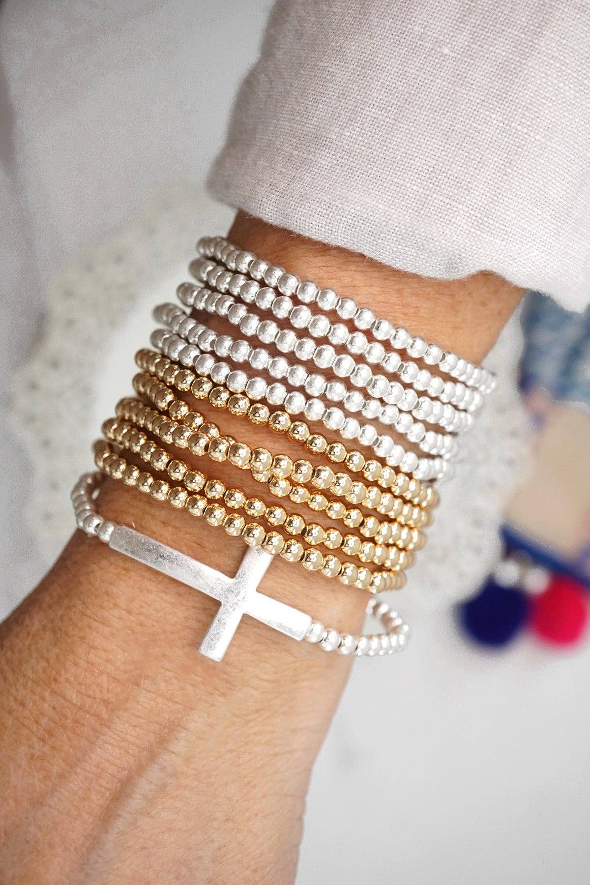 Minimal Cross Stretchy Bracelet in Worn Silver Tone with Ball Beads