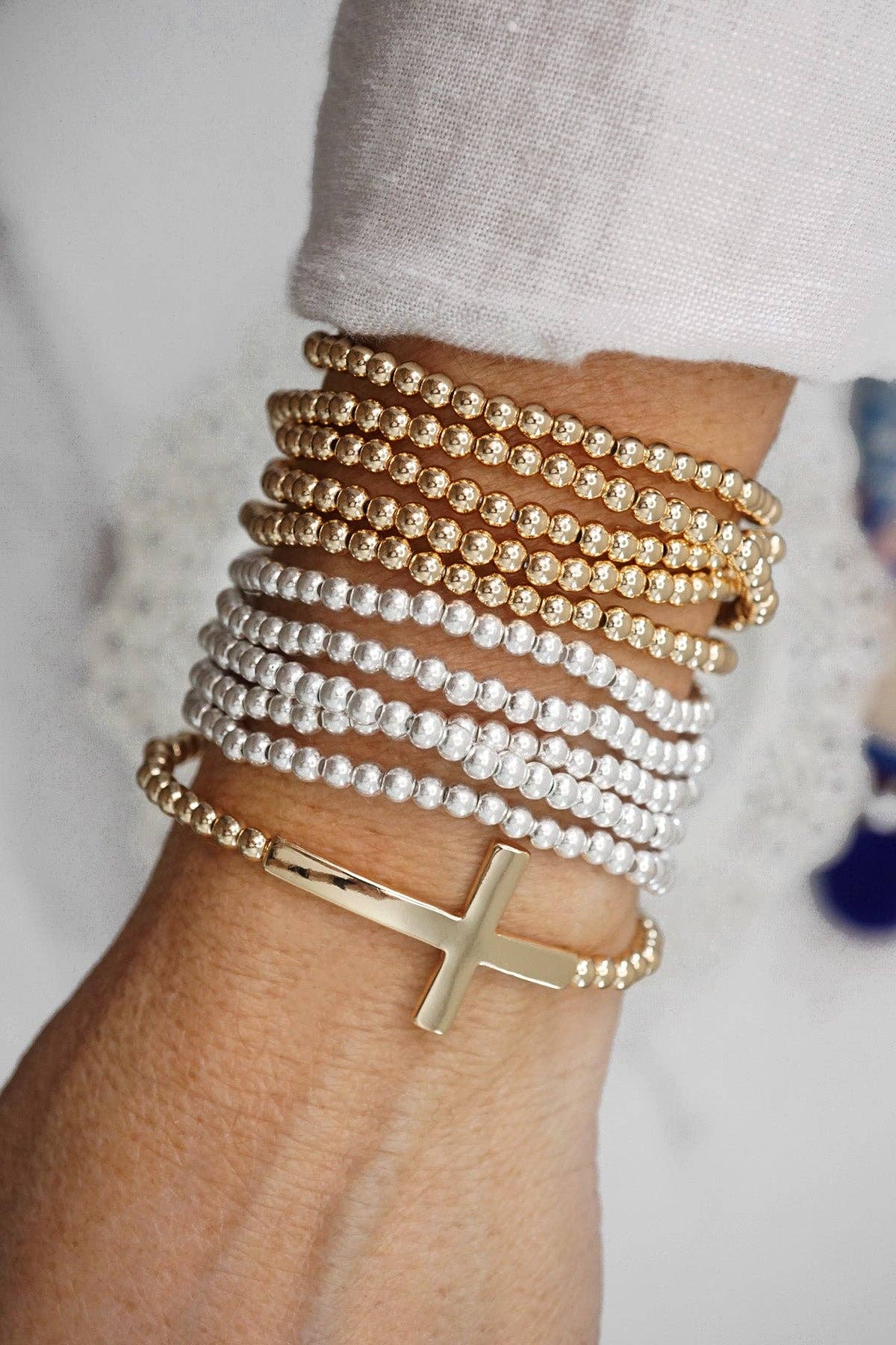 Minimal Cross Stretchy Bracelet in Gold Tone with Ball Beads