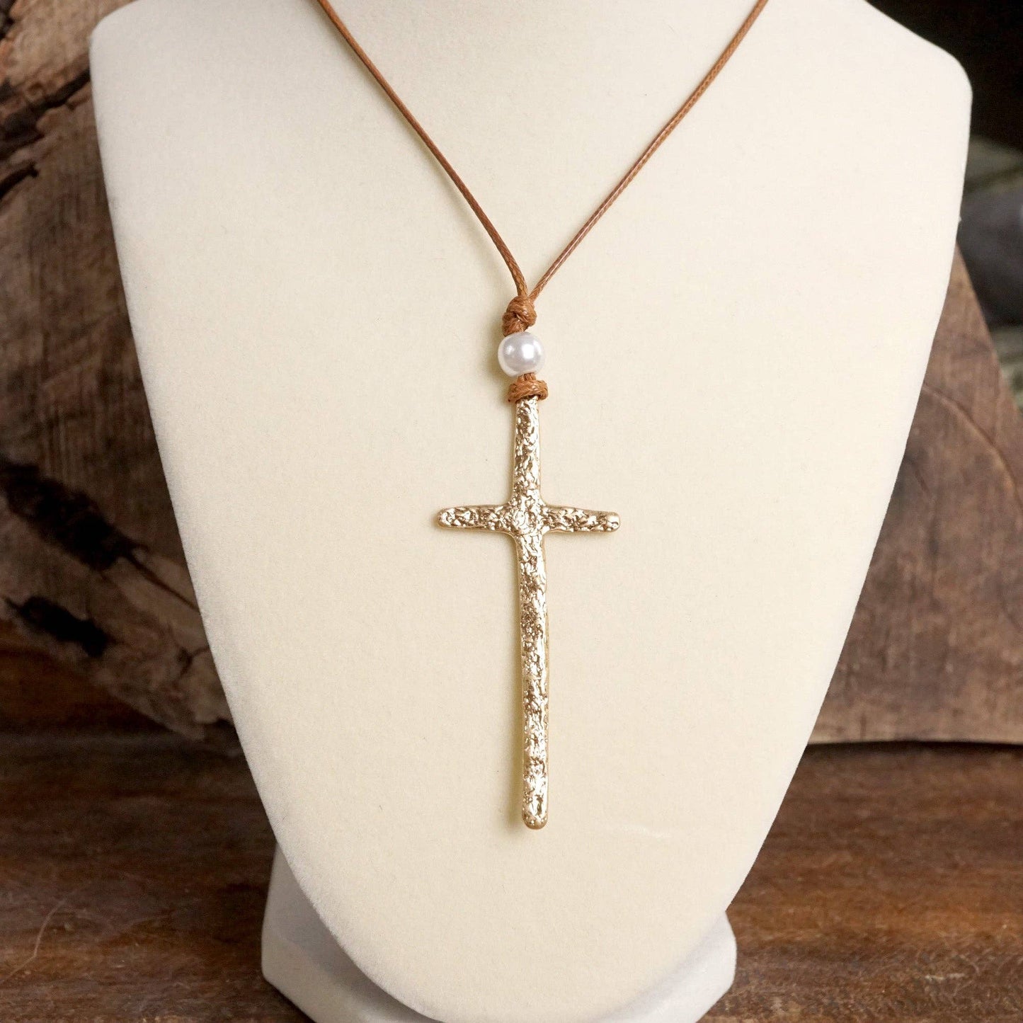 Primitive Gold Cross & Pearl Necklace with Brown Rope