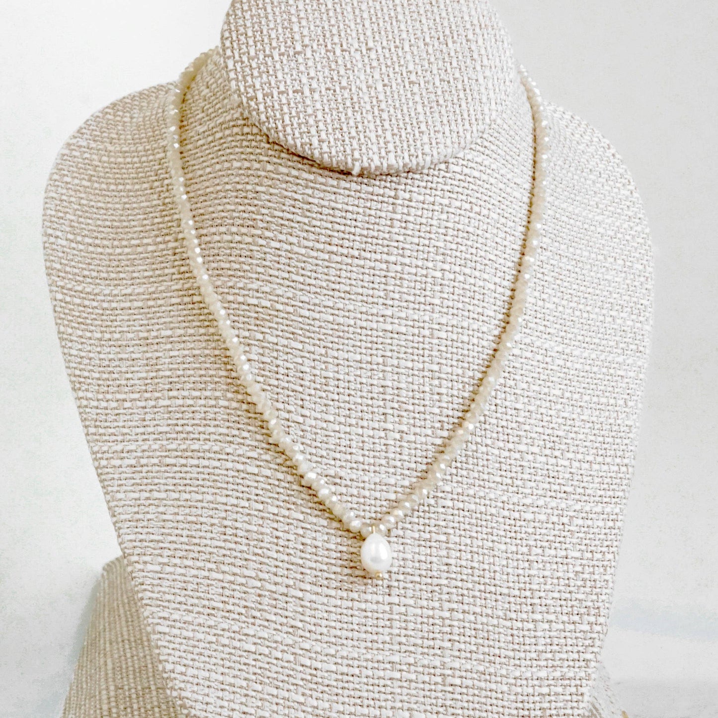 16" Glass Bead Necklace with Freshwater Pearl Pendant - Beige