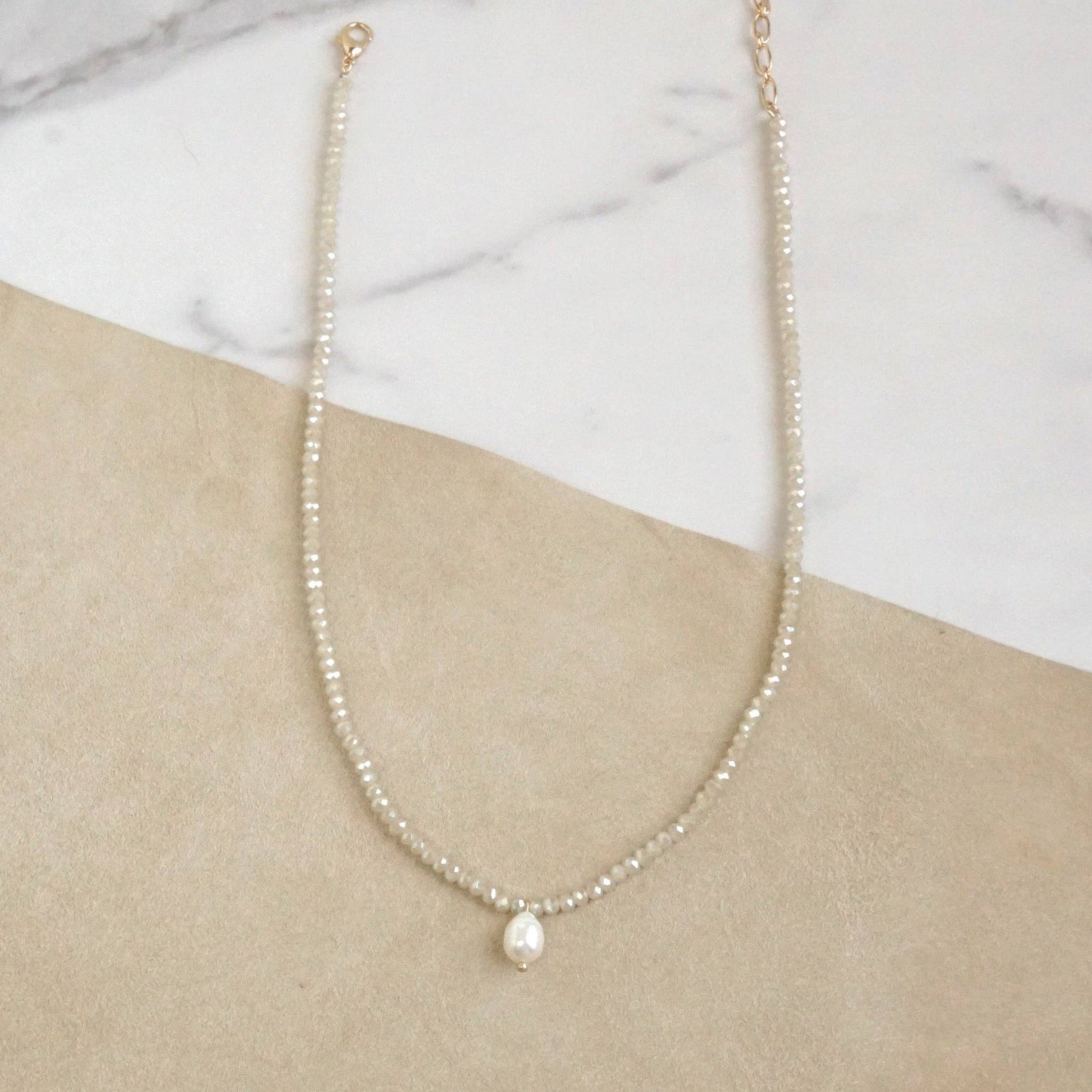 16" Glass Bead Necklace with Freshwater Pearl Pendant - Beige
