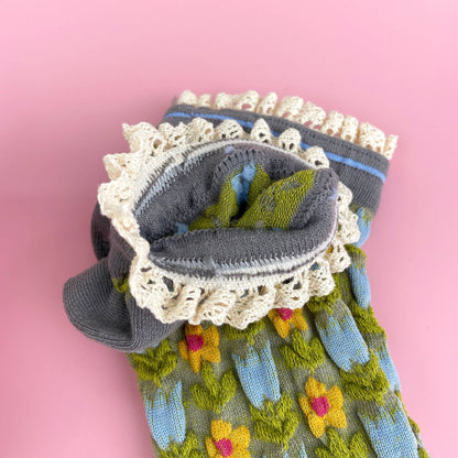 Green Retro Floral Lace Ankle Socks.