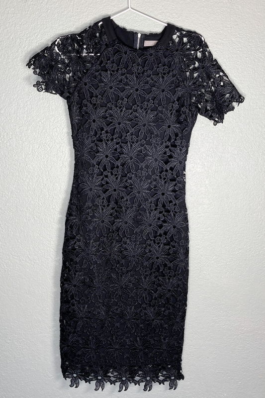 Thrifted Forcast Black Lace Midi Cap-Sleeve Dress - Size 6