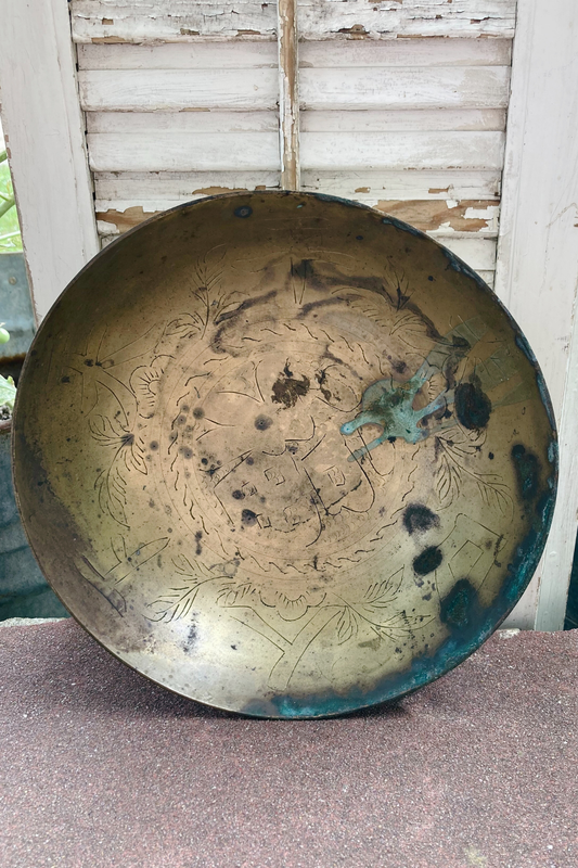 Antique Chinese Brass Etched Bowl