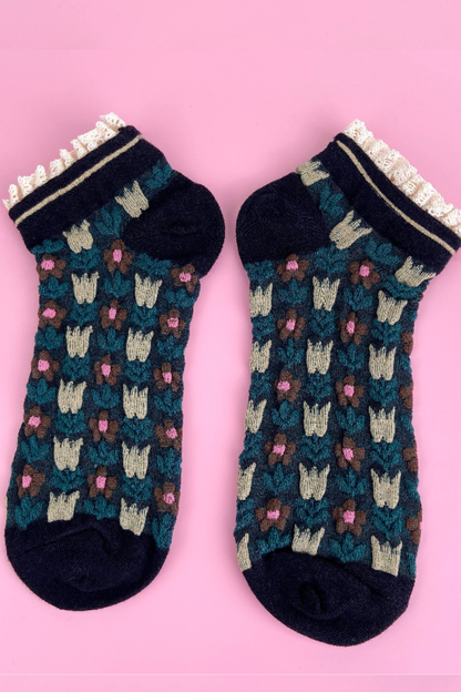 Black Retro Floral & Lace Socks