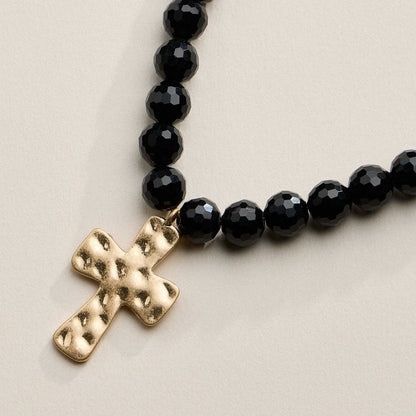 Glass Bead Hammered Cross Necklace - 2 Colors