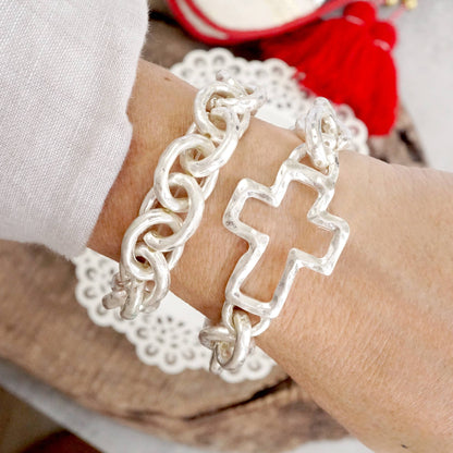 Chunky Chain Cross Stretch Worn Silver Bracelet