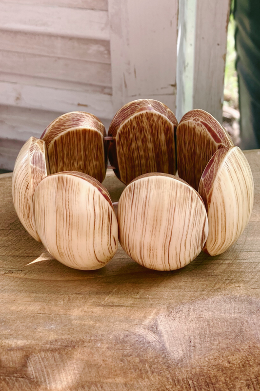 Thrifted Woodgrain Oval Beaded Stretchable Bracelet