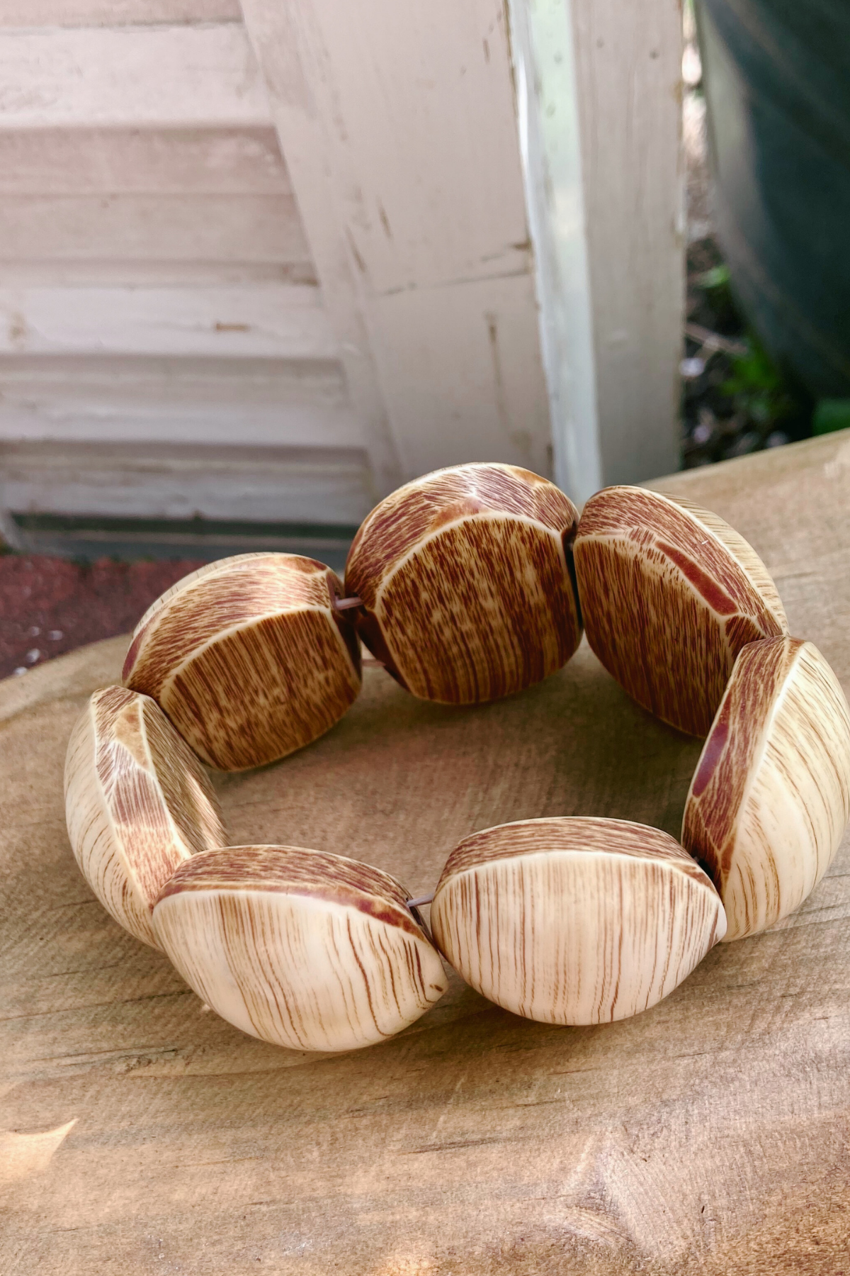 Thrifted Woodgrain Oval Beaded Stretchable Bracelet