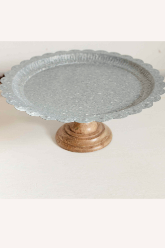 Thrifted Galvanized Metal Cake Plate with Wood Base