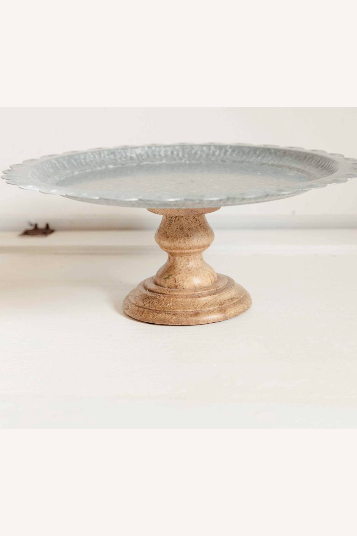 Thrifted Galvanized Metal Cake Plate with Wood Base