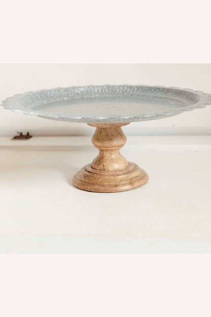 Thrifted Galvanized Metal Cake Plate with Wood Base