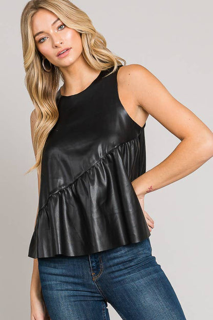 Sleeveless Asymmetric Ruffle Hem Vegan Leather Top